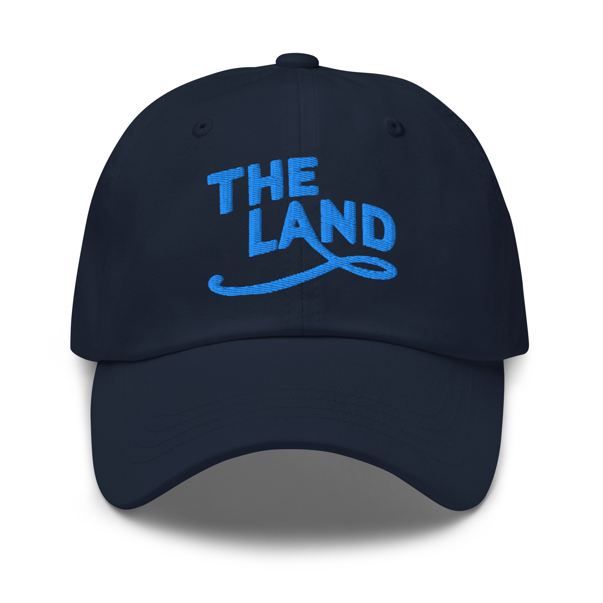 The Land Dad Cap in Navy with teal embroidered The Land lettering, front view