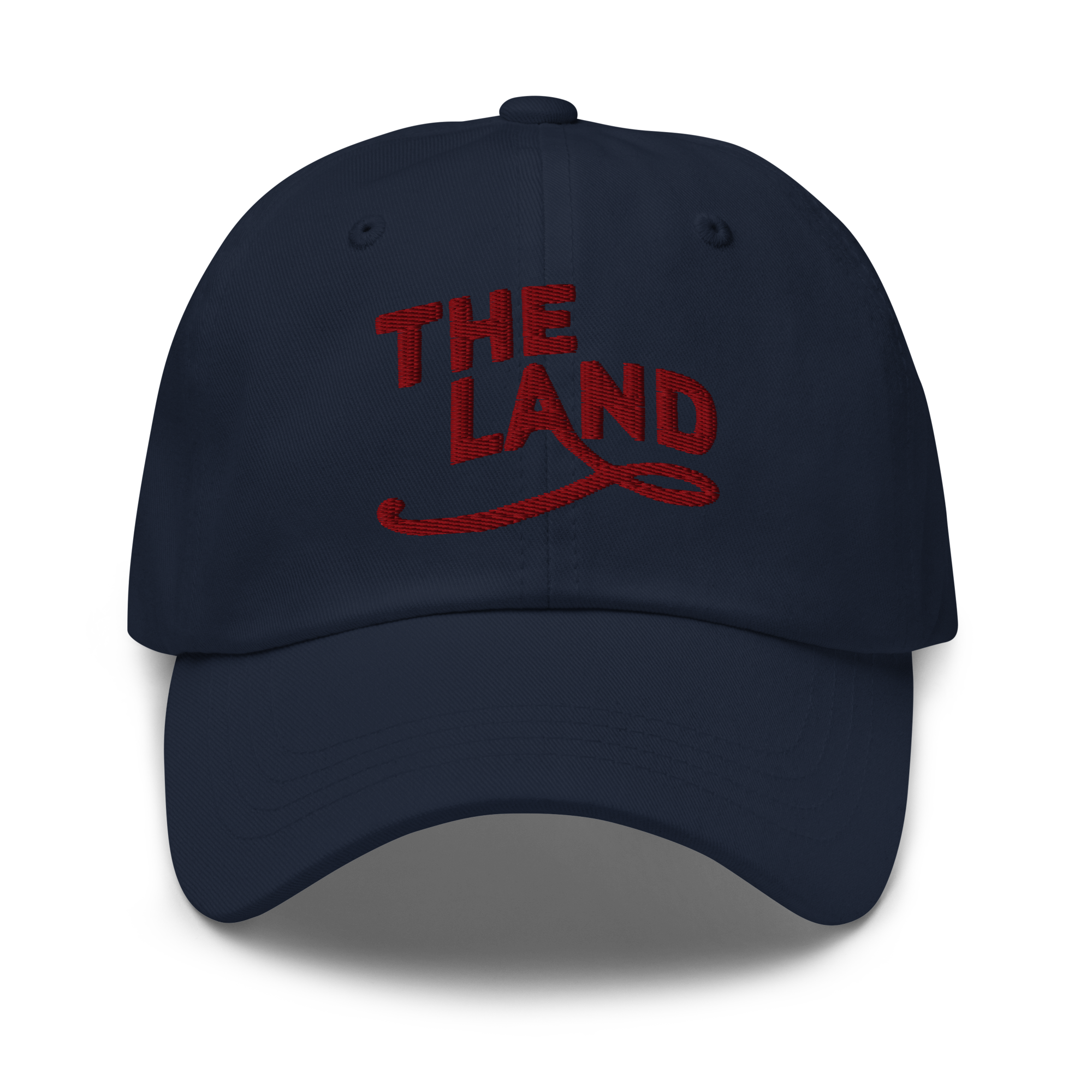 The Land Dad Cap in Navy with maroon embroidered The Land lettering, front view