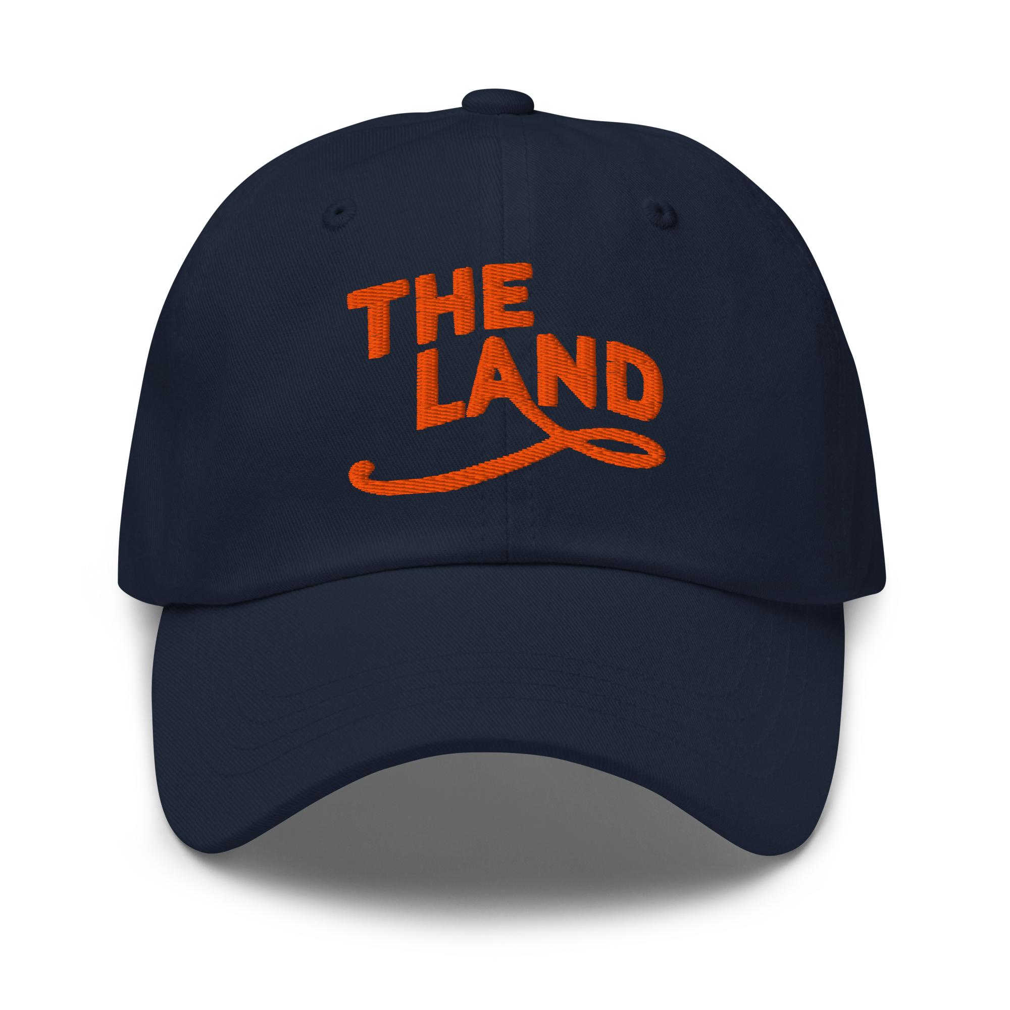 The Land Dad Cap in Navy with orange embroidered The Land lettering, front view