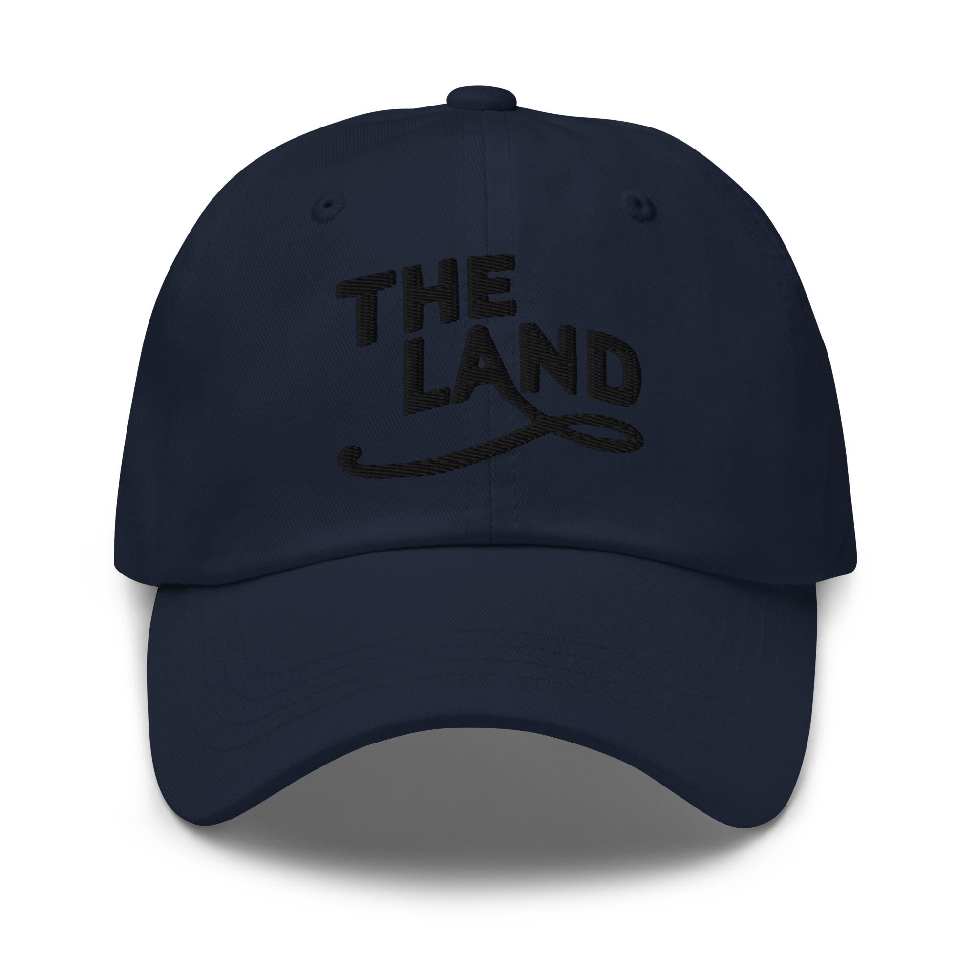 The Land Dad Cap in Navy with black embroidered The Land lettering, front view