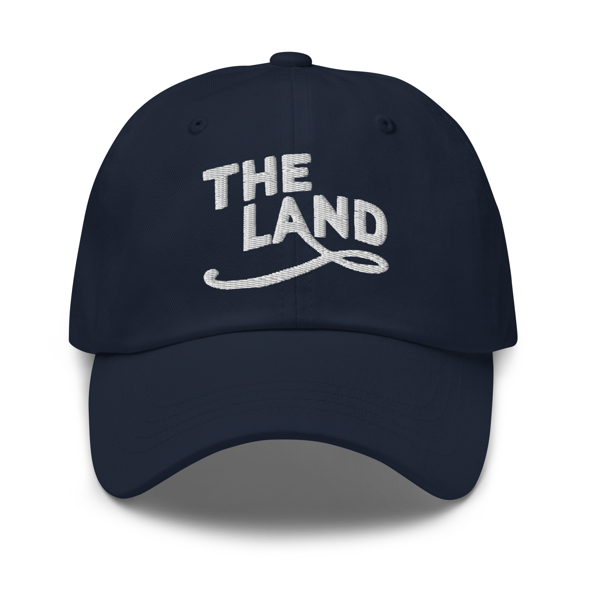 The Land Dad Cap in Navy with white embroidered The Land lettering, front view