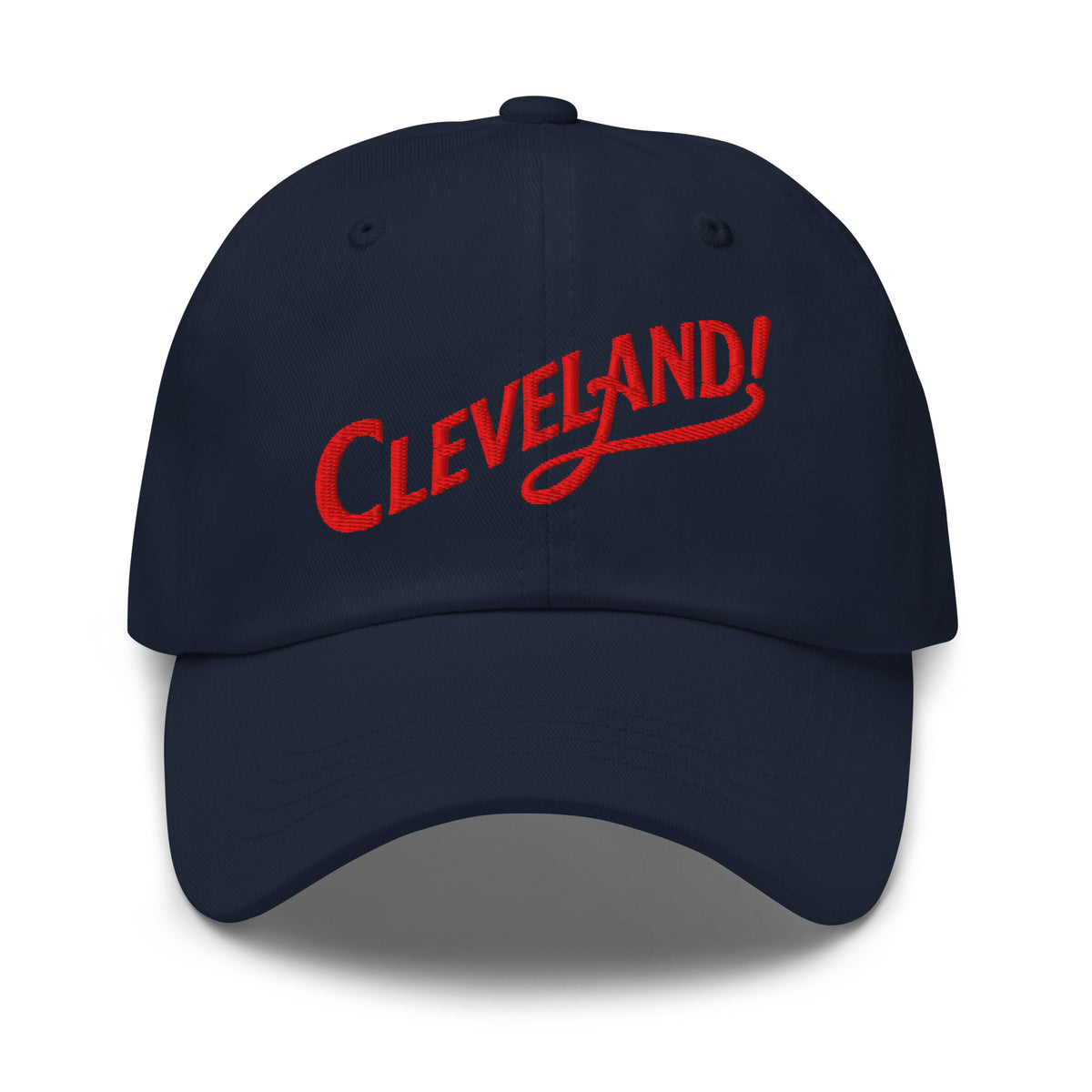 Cleveland! Dad Cap in Navy with red embroidered Cleveland! lettering, front view