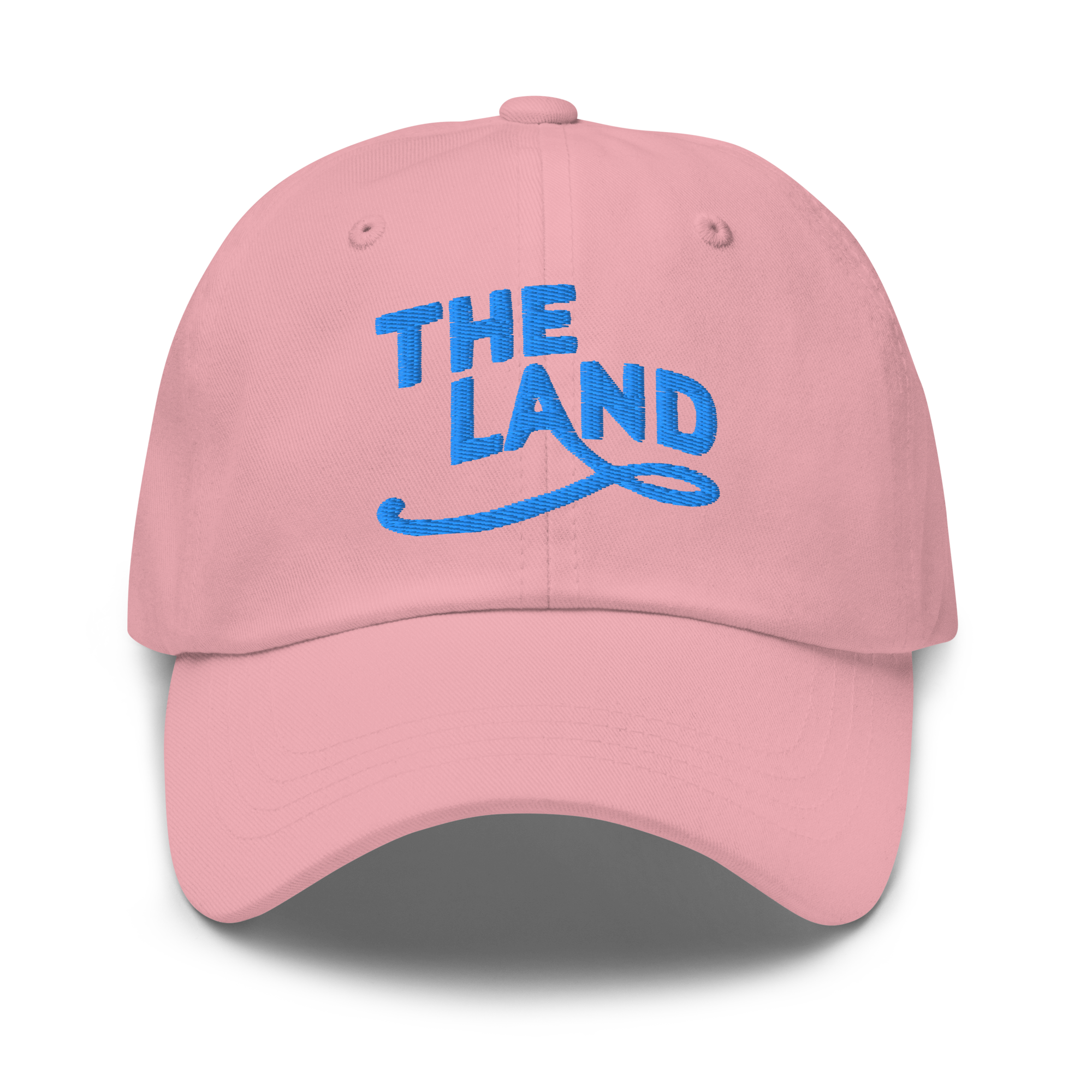 The Land Dad Cap in Pink with teal embroidered The Land lettering, front view