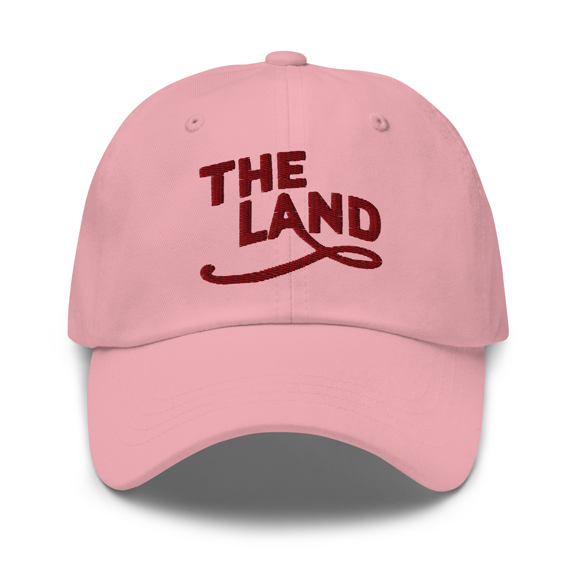 The Land Dad Cap in Pink with maroon embroidered The Land lettering, front view