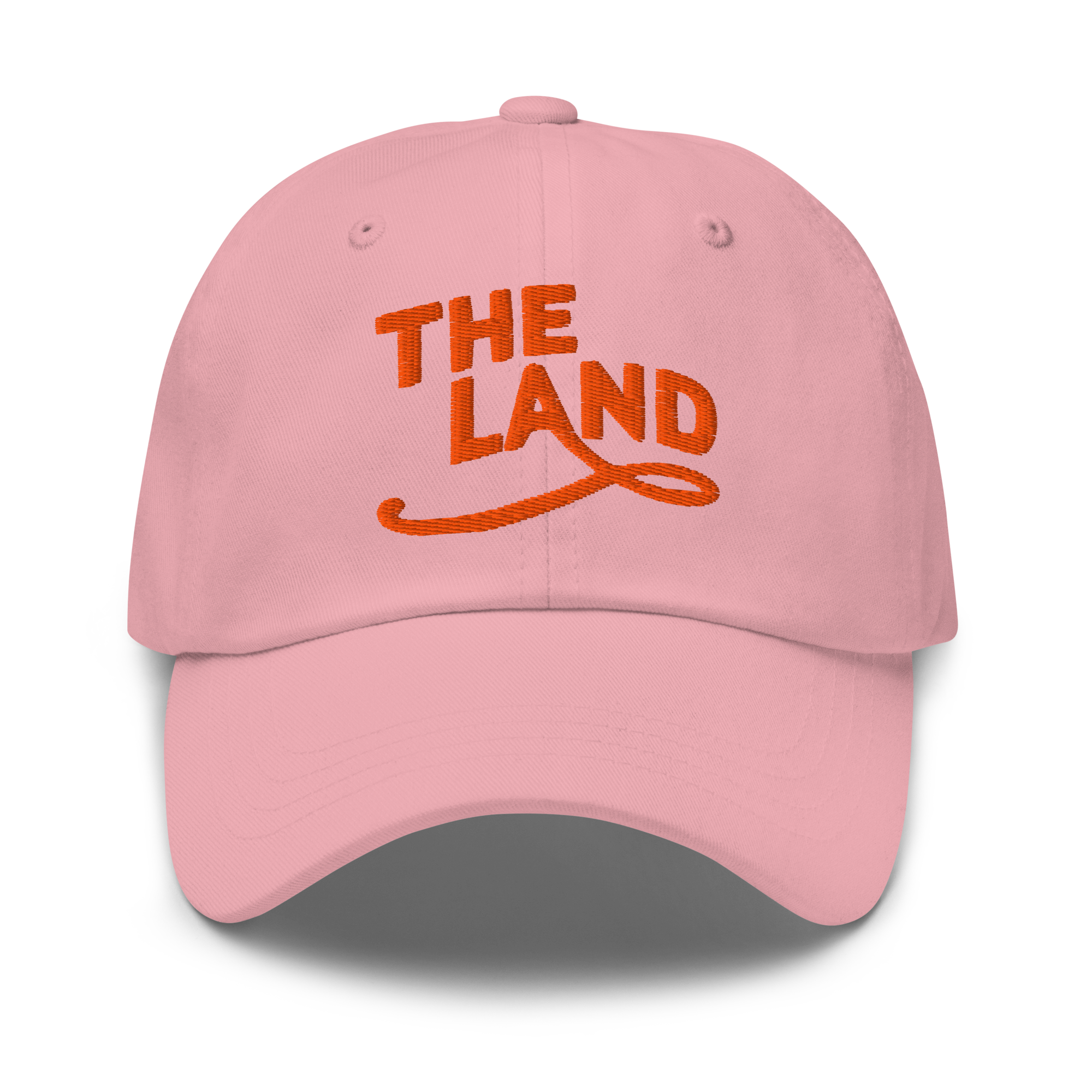 The Land Dad Cap in Pink with orange embroidered The Land lettering, front view