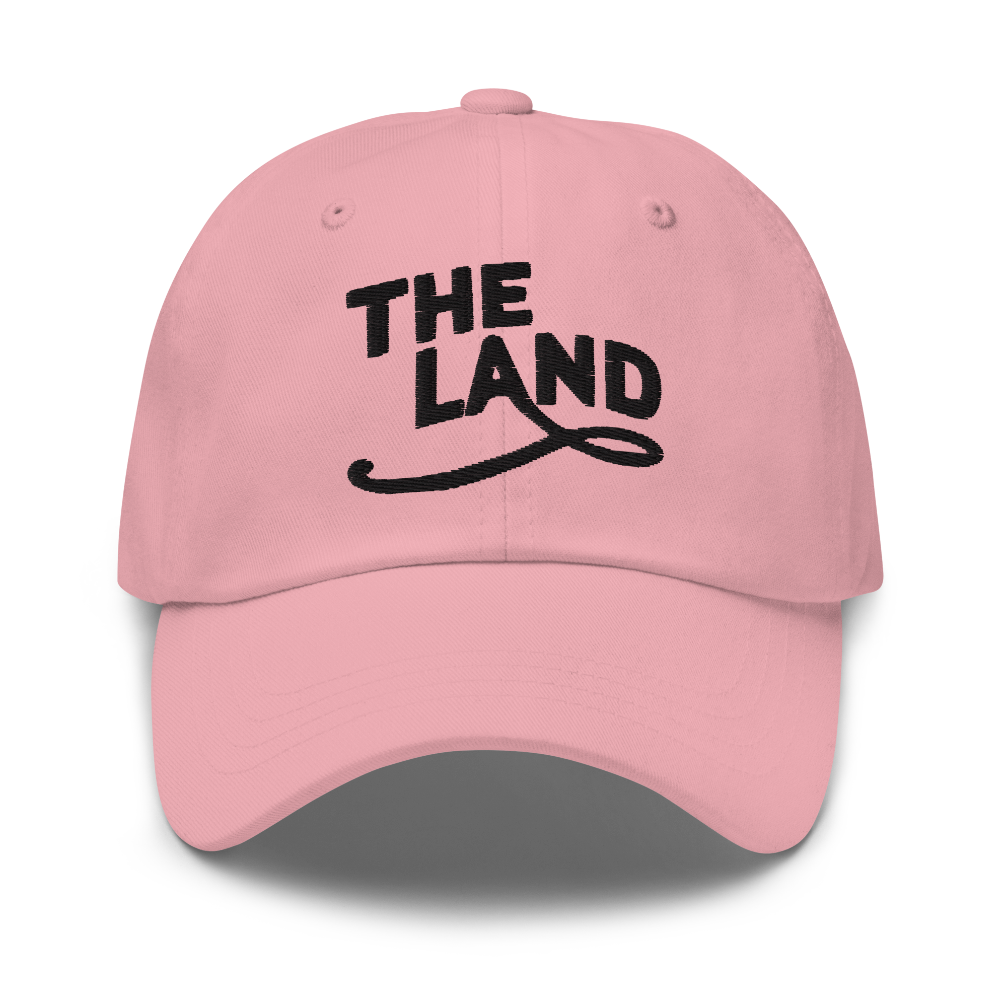 The Land Dad Cap in Pink with black embroidered The Land lettering, front view
