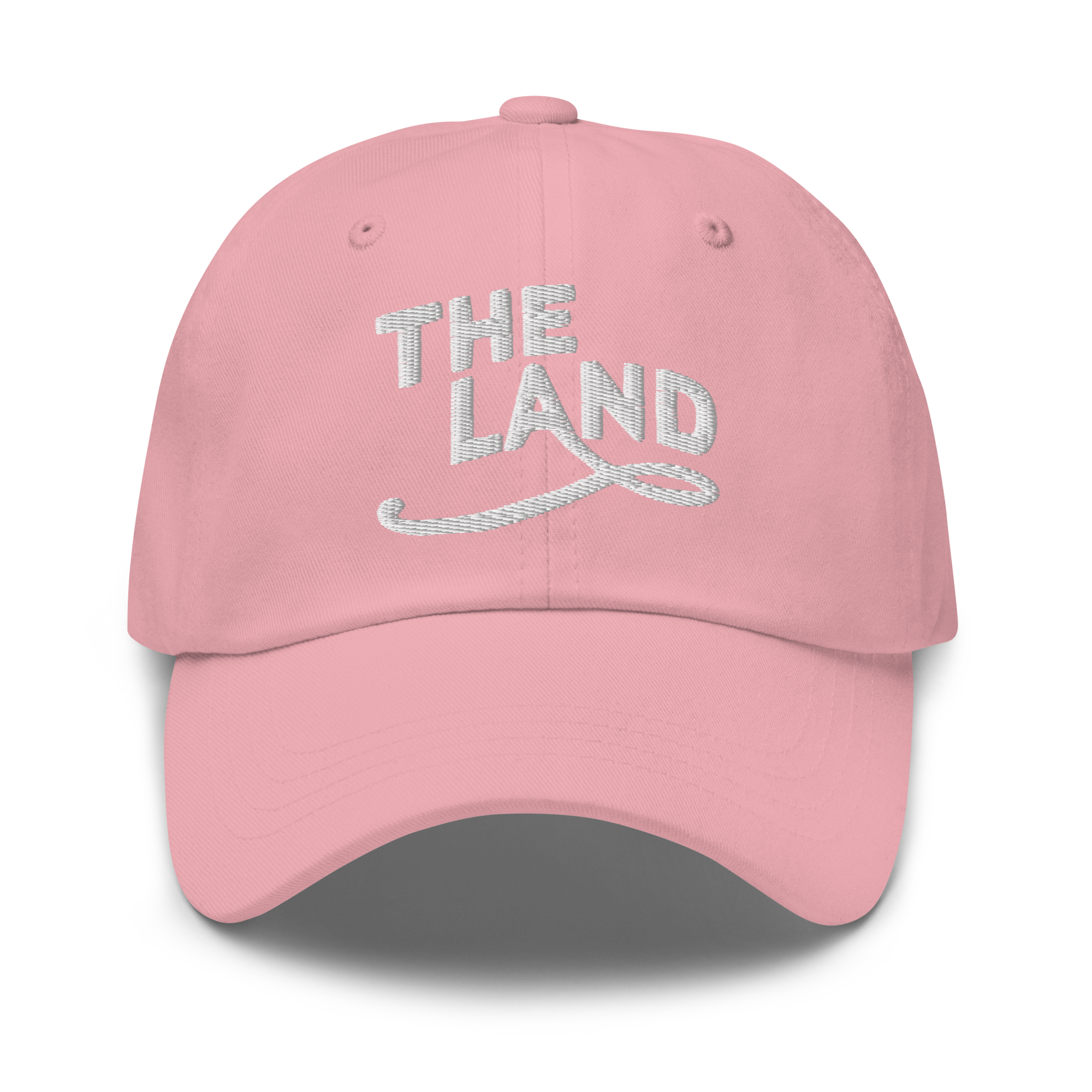 The Land Dad Cap in Pink with white embroidered The Land lettering, front view