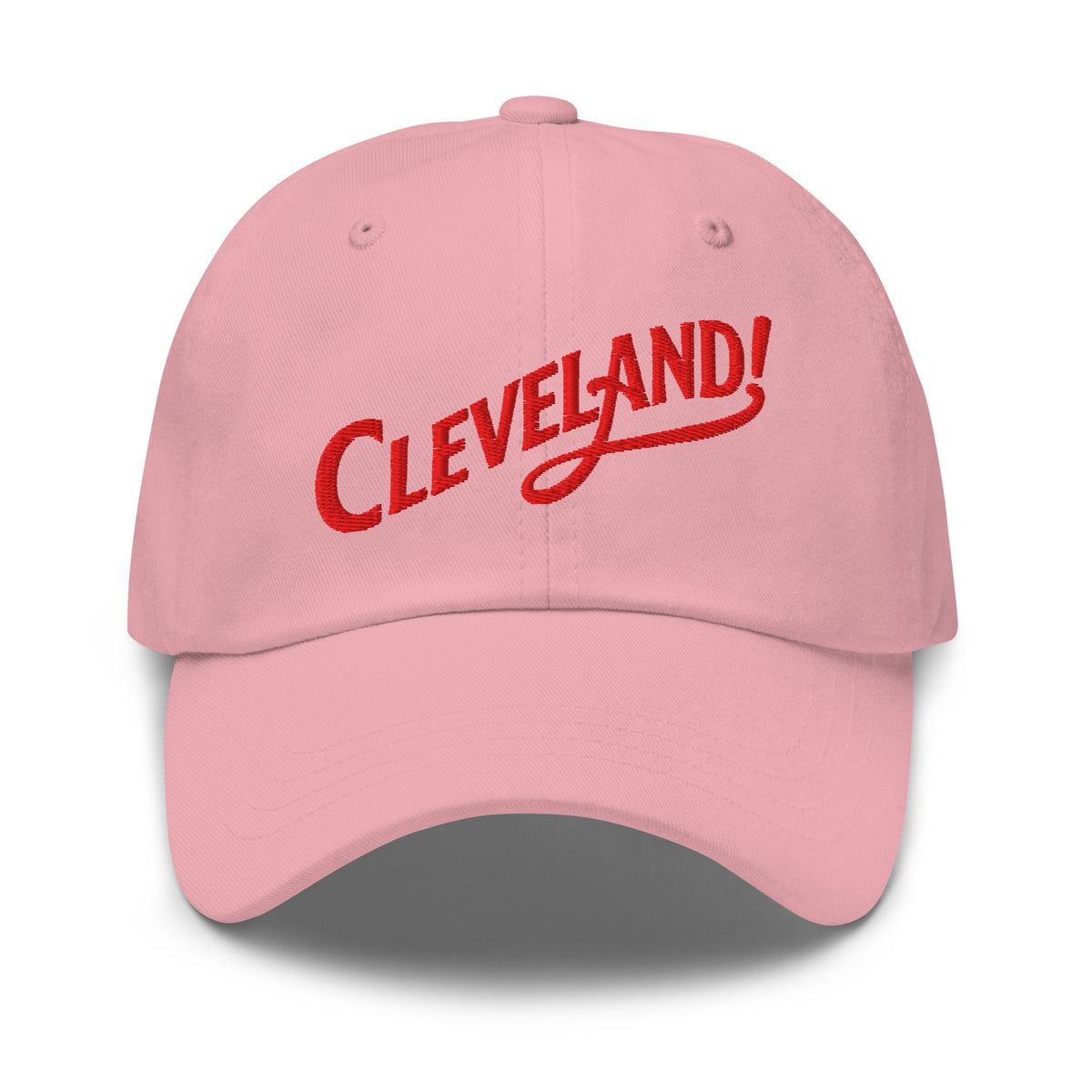 Cleveland! Dad Cap in Pink with red embroidered Cleveland! lettering, front view