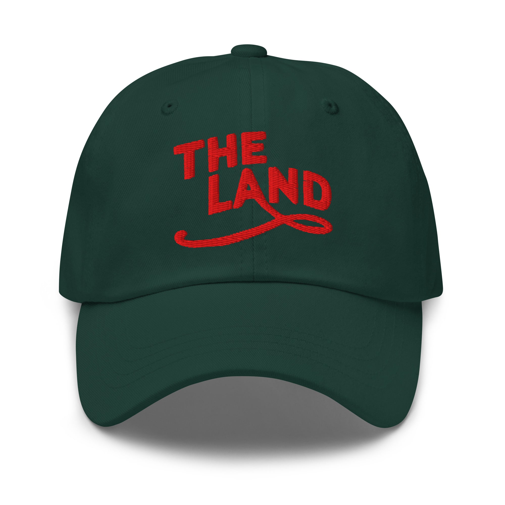 The Land Dad Cap in Spruce with red embroidered The Land lettering, front view