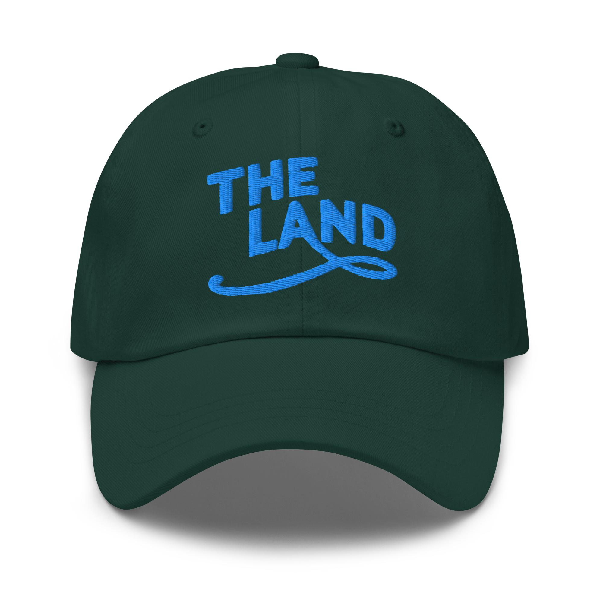 The Land Dad Cap in Spruce with teal embroidered The Land lettering, front view