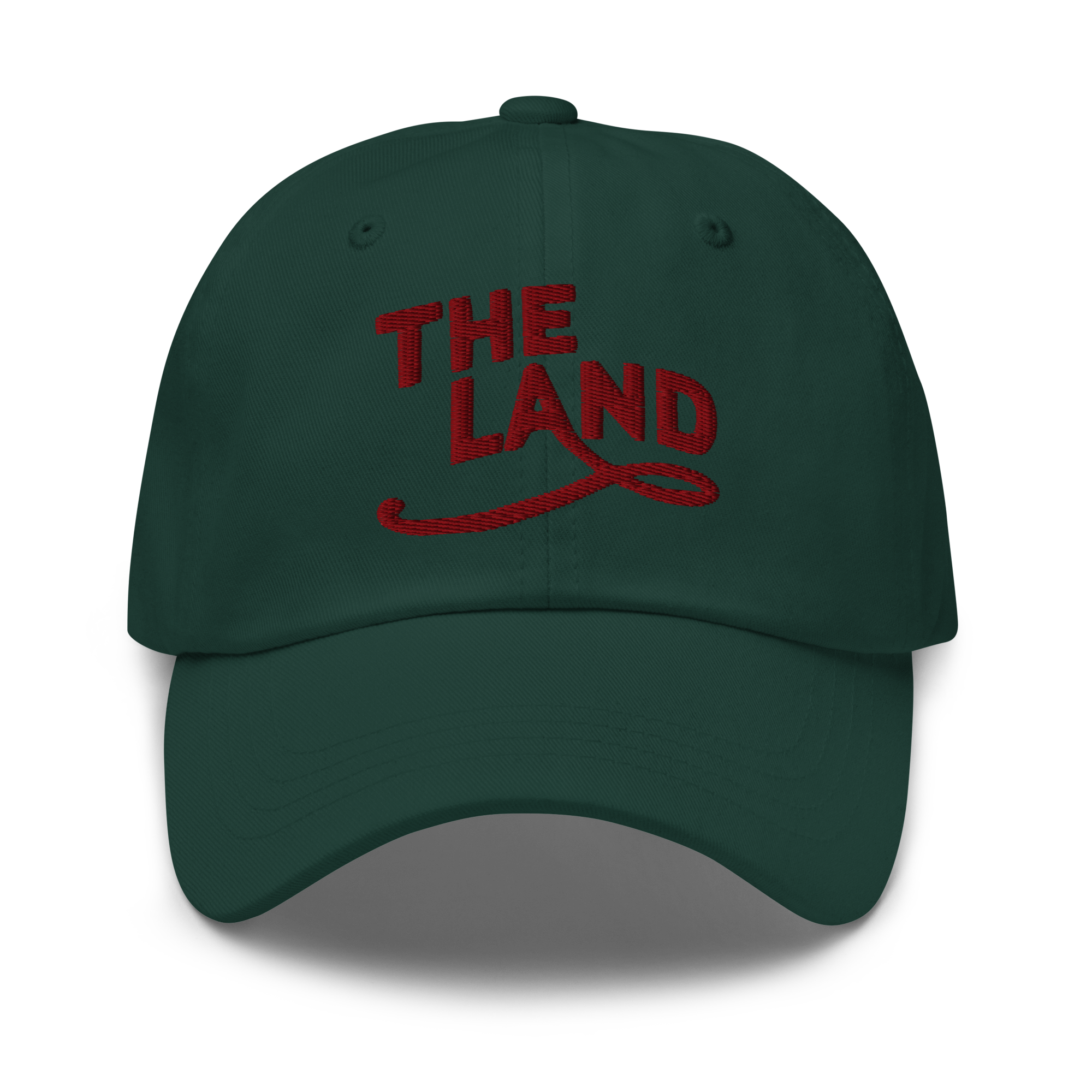 The Land Dad Cap in Spruce with maroon embroidered The Land lettering, front view