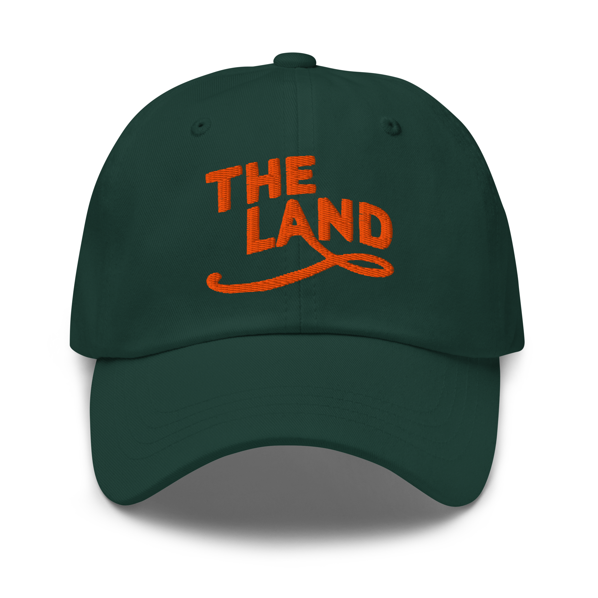 The Land Dad Cap in Spruce with orange embroidered The Land lettering, front view