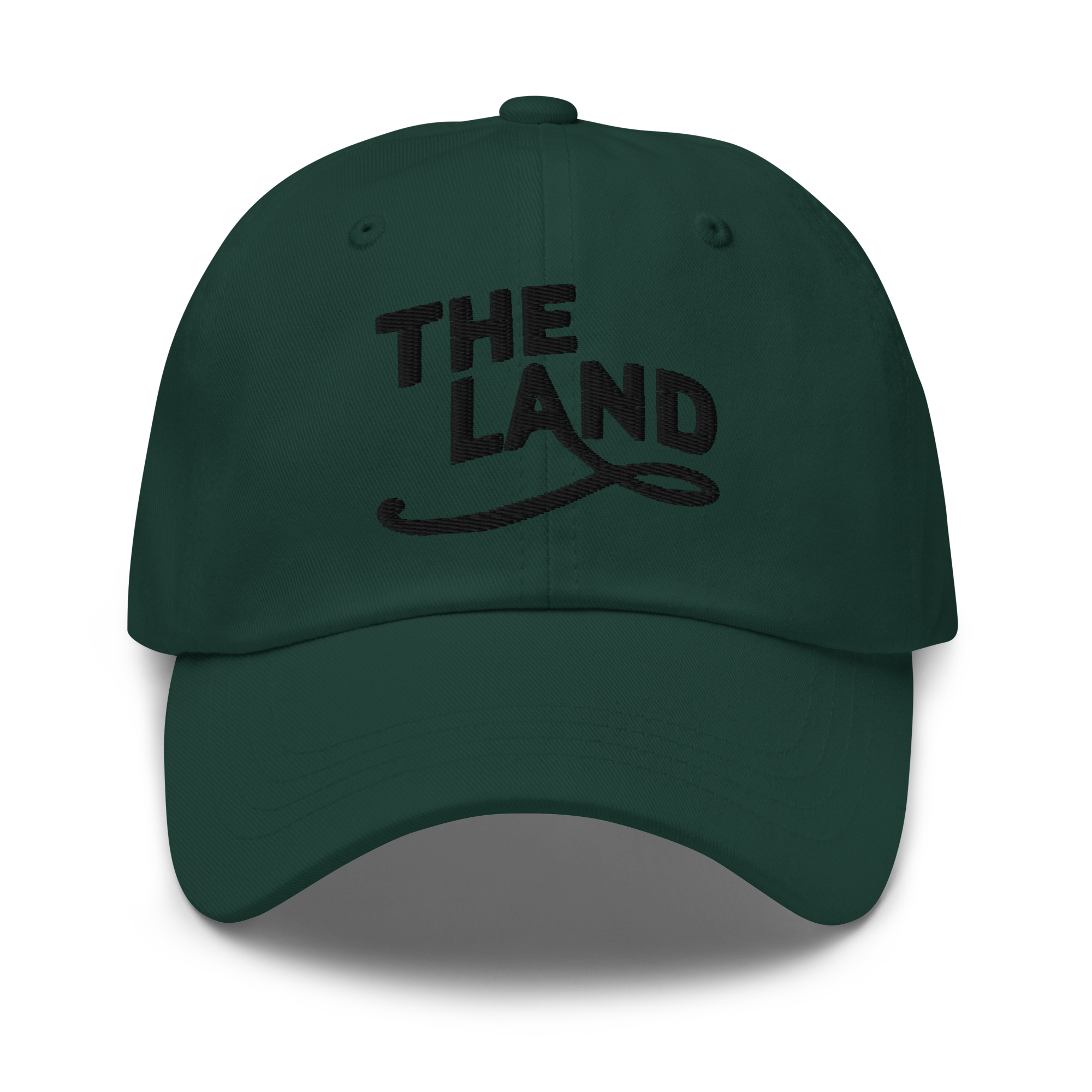 The Land Dad Cap in Spruce with black embroidered The Land lettering, front view