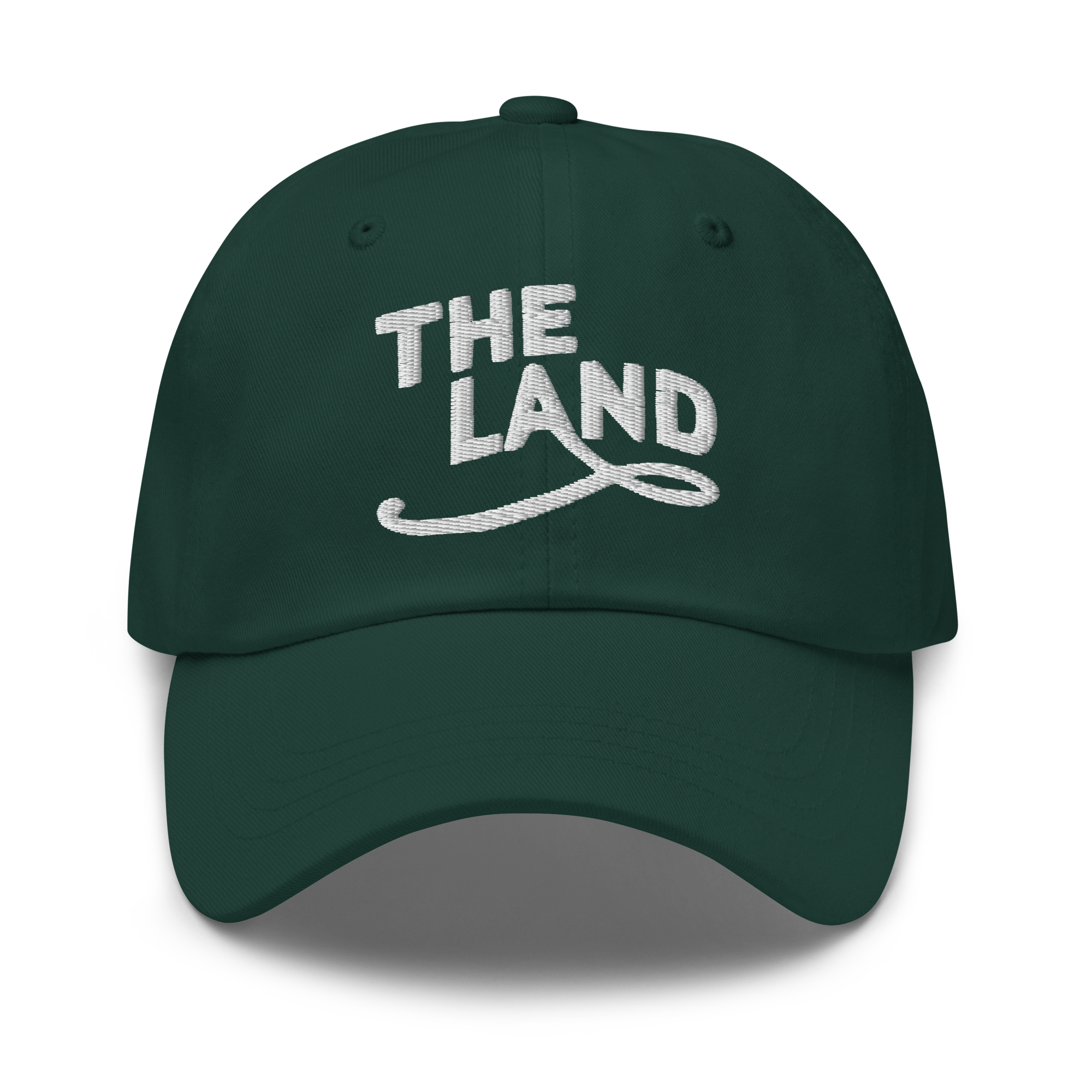 The Land Dad Cap in Spruce with white embroidered The Land lettering, front view