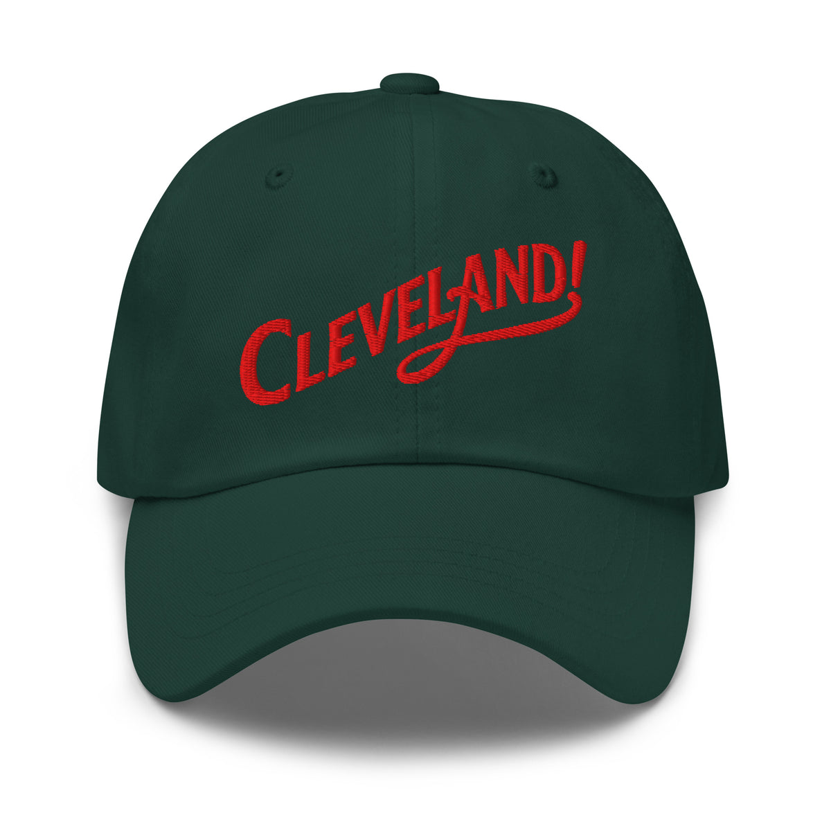 Cleveland! Dad Cap in Spruce with red embroidered Cleveland! lettering, front view