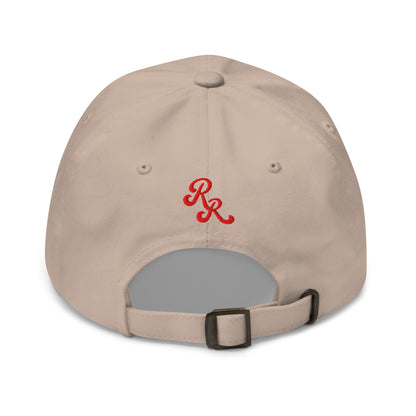Beige cap with red logo on a white background
