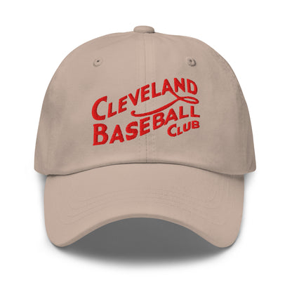 Beige cap with red 'Cleveland Baseball Club' text on a white background