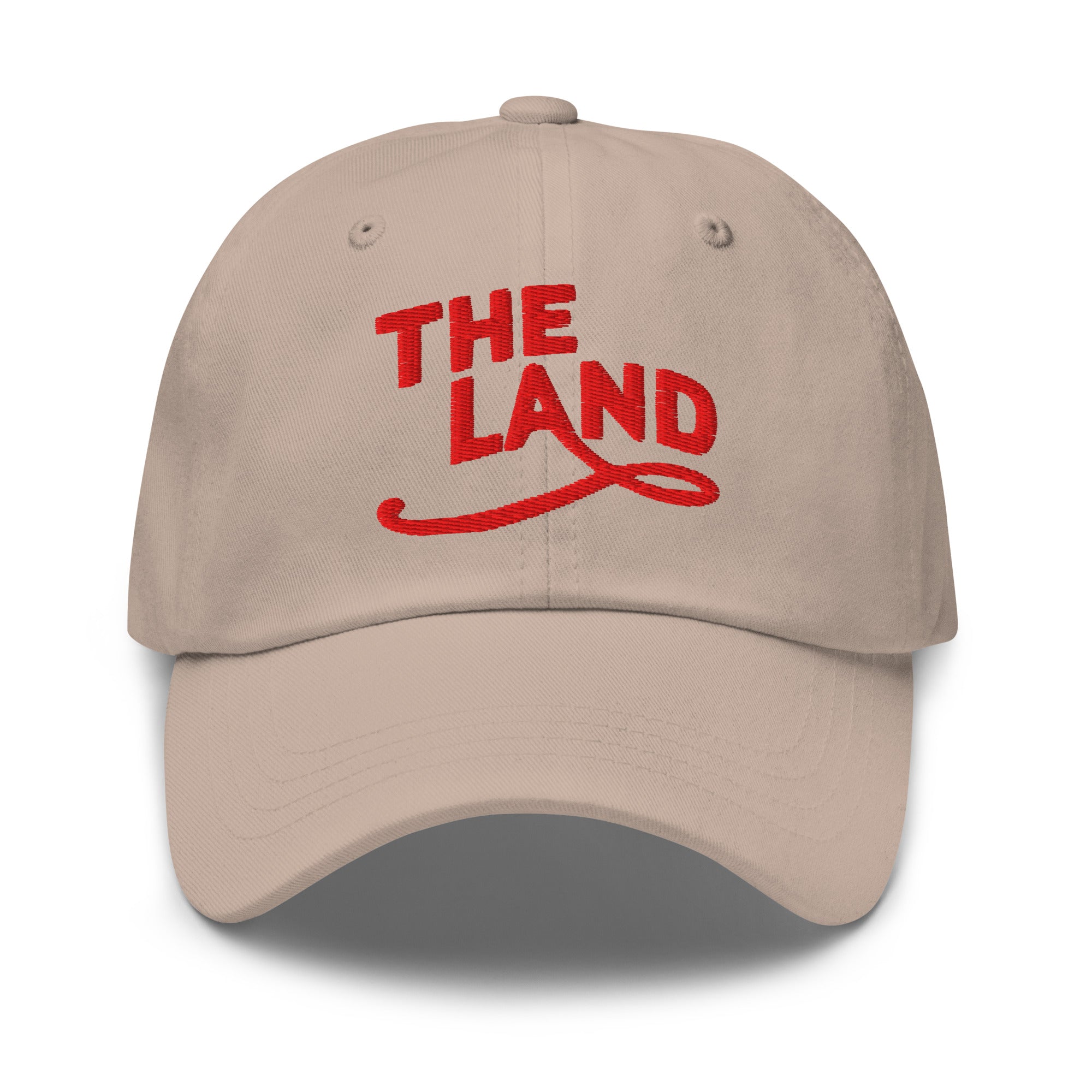 The Land Dad Cap in Stone with red embroidered The Land lettering, front view
