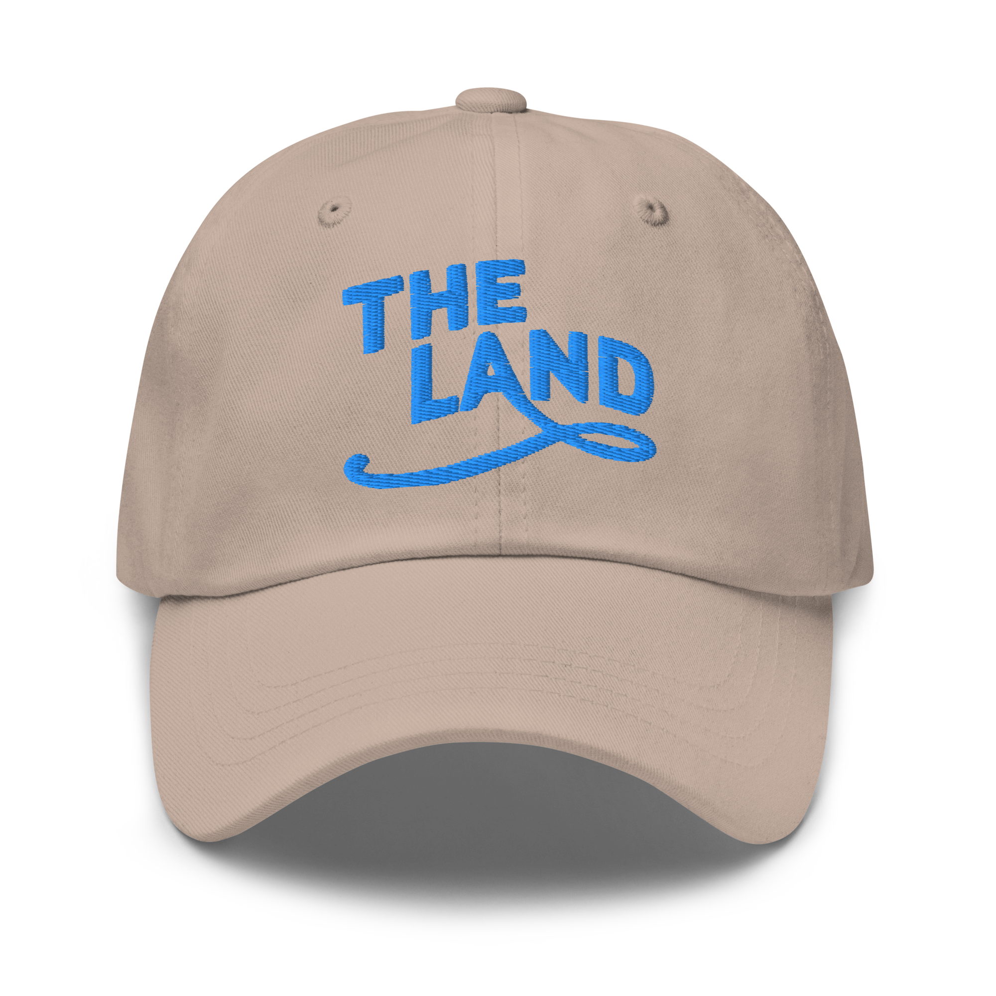 The Land Dad Cap in Stone with teal embroidered The Land lettering, front view
