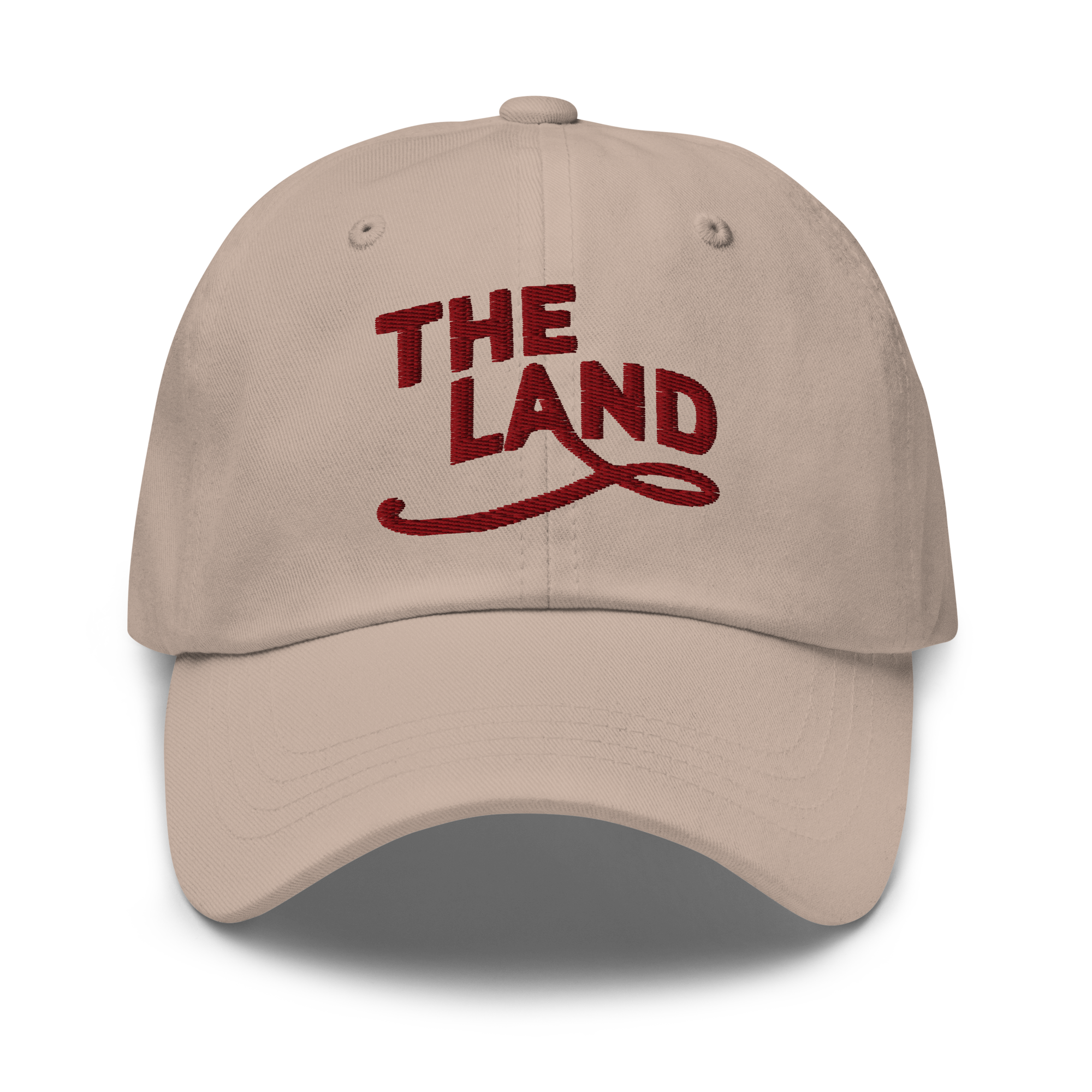 The Land Dad Cap in Stone with maroon embroidered The Land lettering, front view