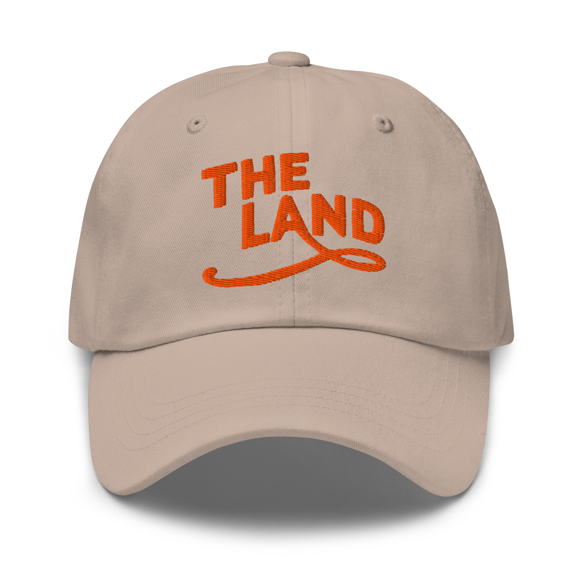 The Land Dad Cap in Stone with orange embroidered The Land lettering, front view