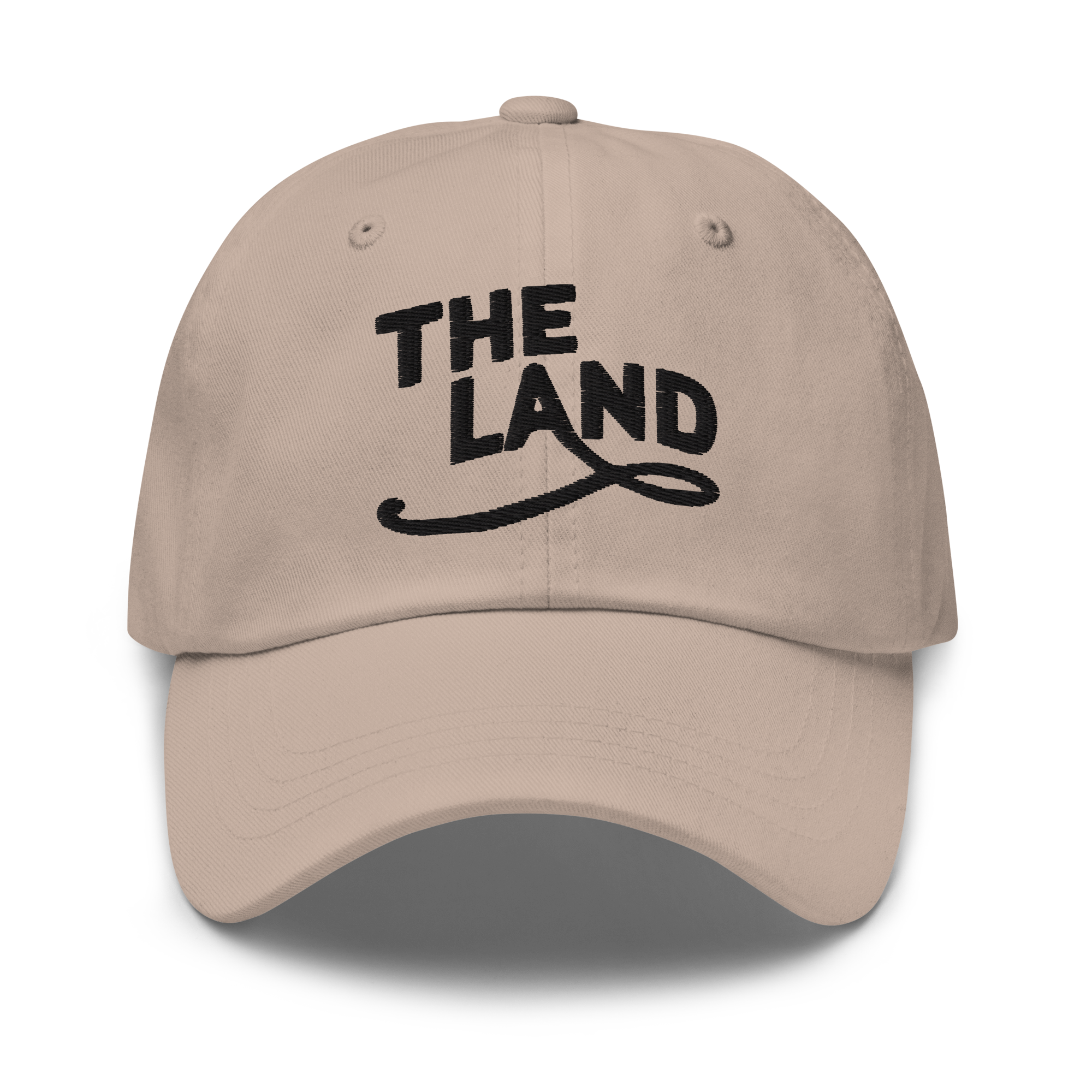 The Land Dad Cap in Stone with black embroidered The Land lettering, front view