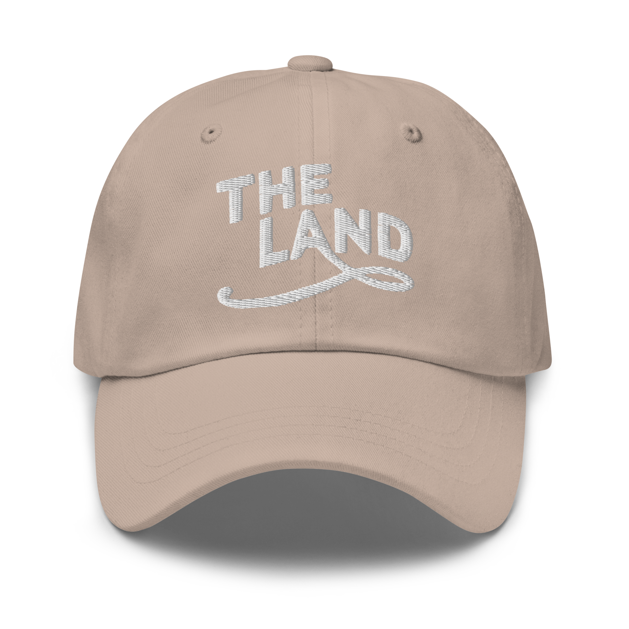 The Land Dad Cap in Stone with white embroidered The Land lettering, front view