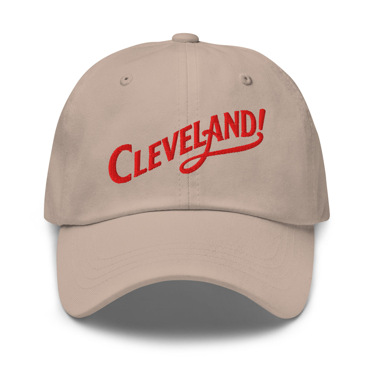 Cleveland! Dad Cap in Stone with red embroidered Cleveland! lettering, front view