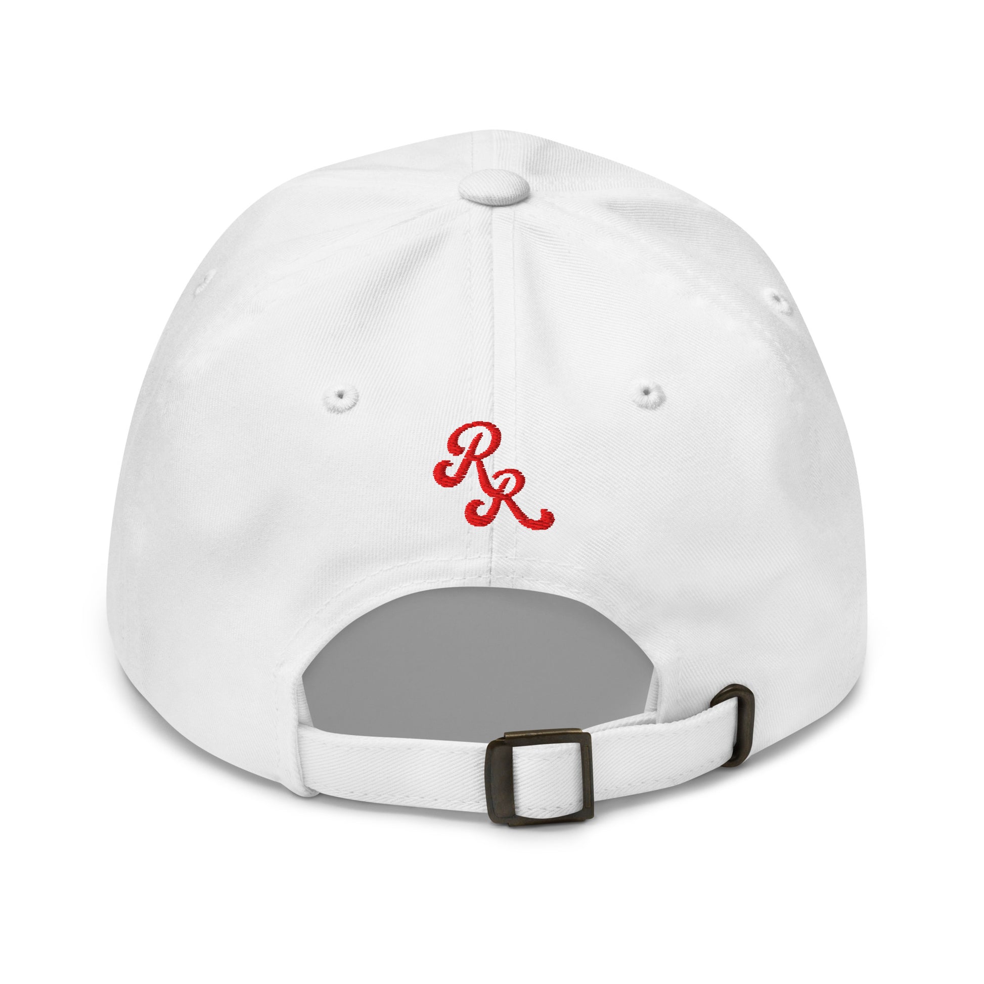 White cap with red logo on a white background