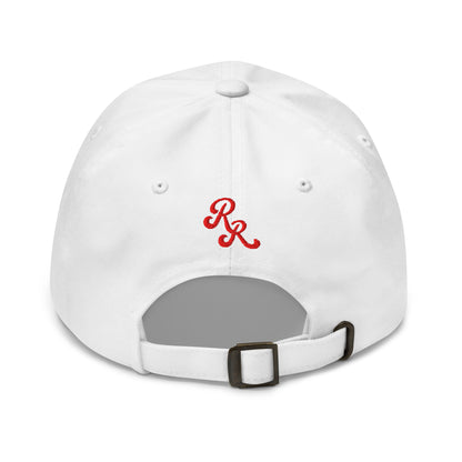White cap with red logo on a white background