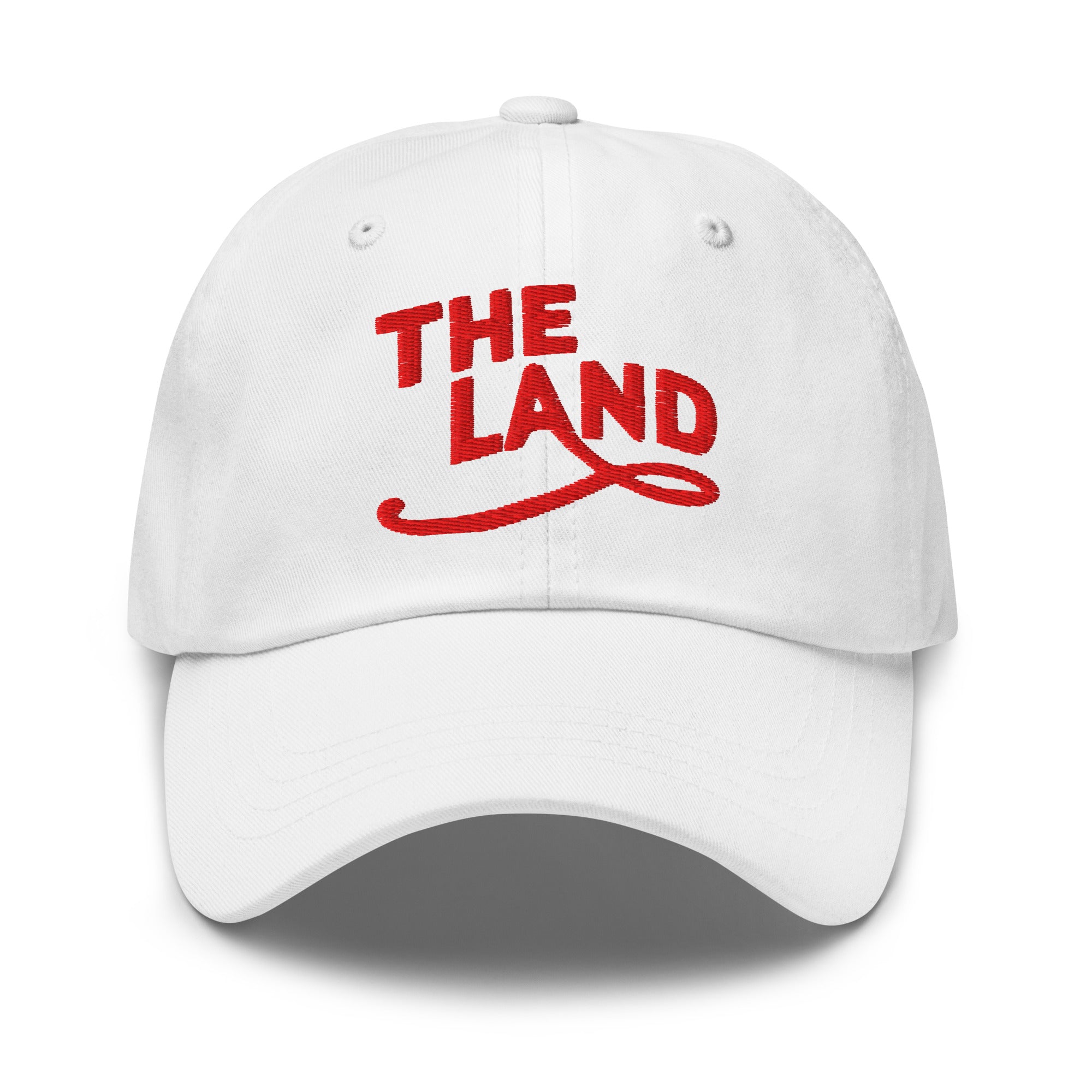 The Land Dad Cap in White with red embroidered The Land lettering, front view