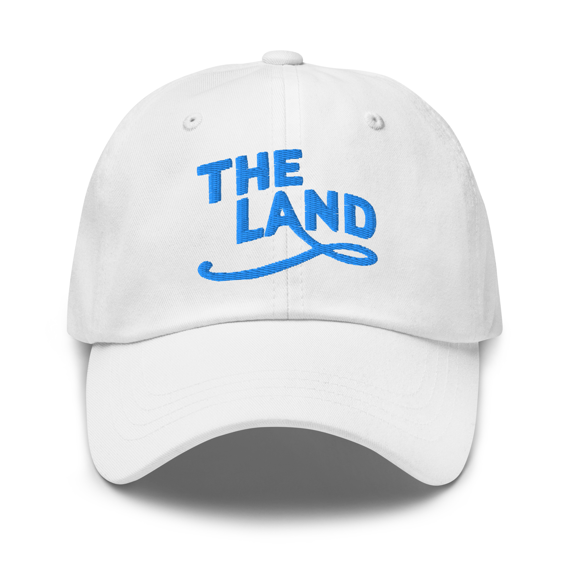 The Land Dad Cap in White with teal embroidered The Land lettering, front view