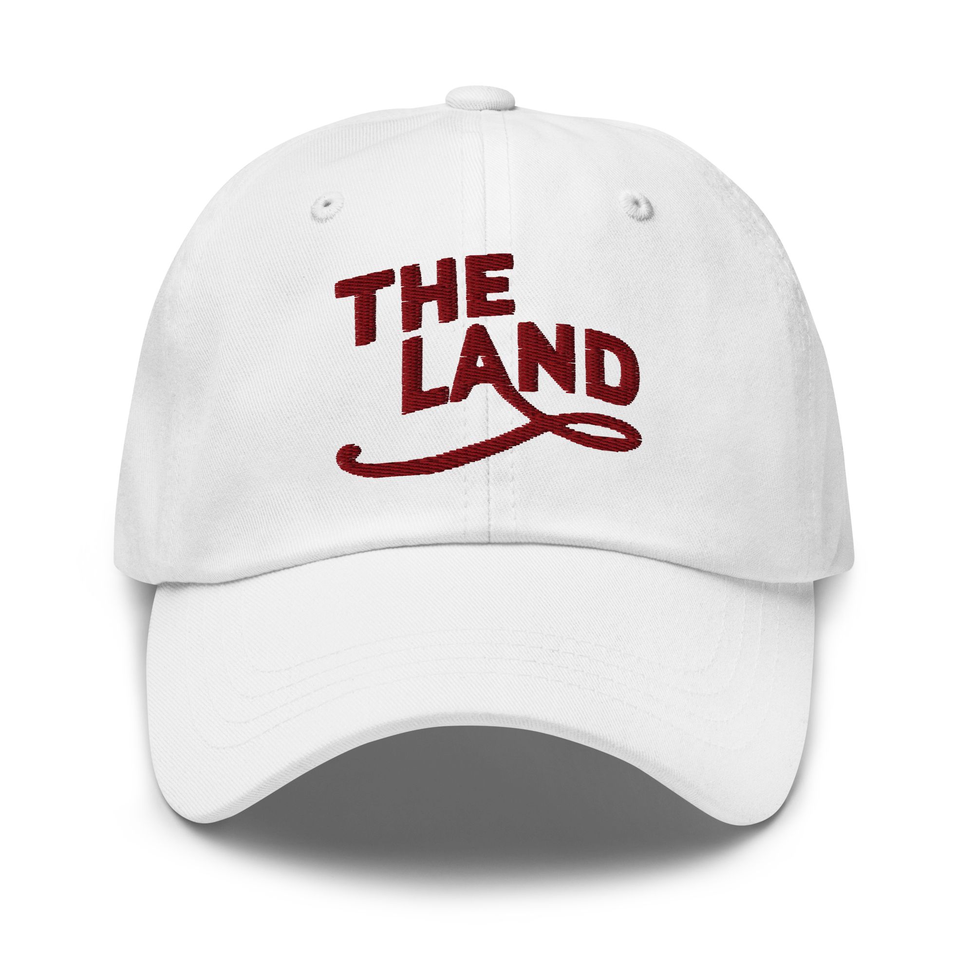 The Land Dad Cap in White with maroon embroidered The Land lettering, front view