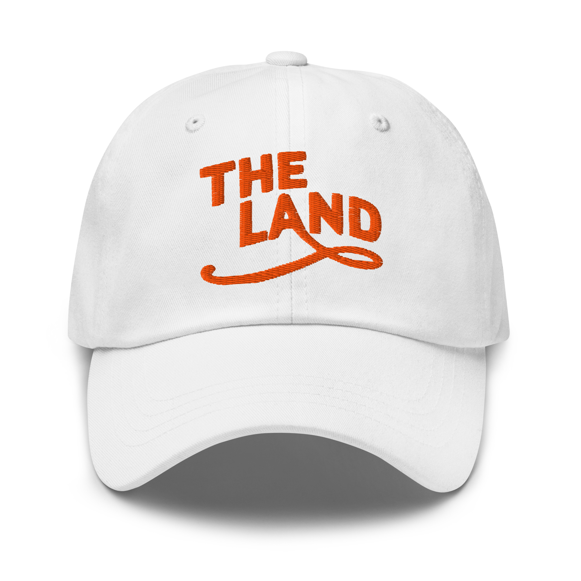 The Land Dad Cap in White with orange embroidered The Land lettering, front view