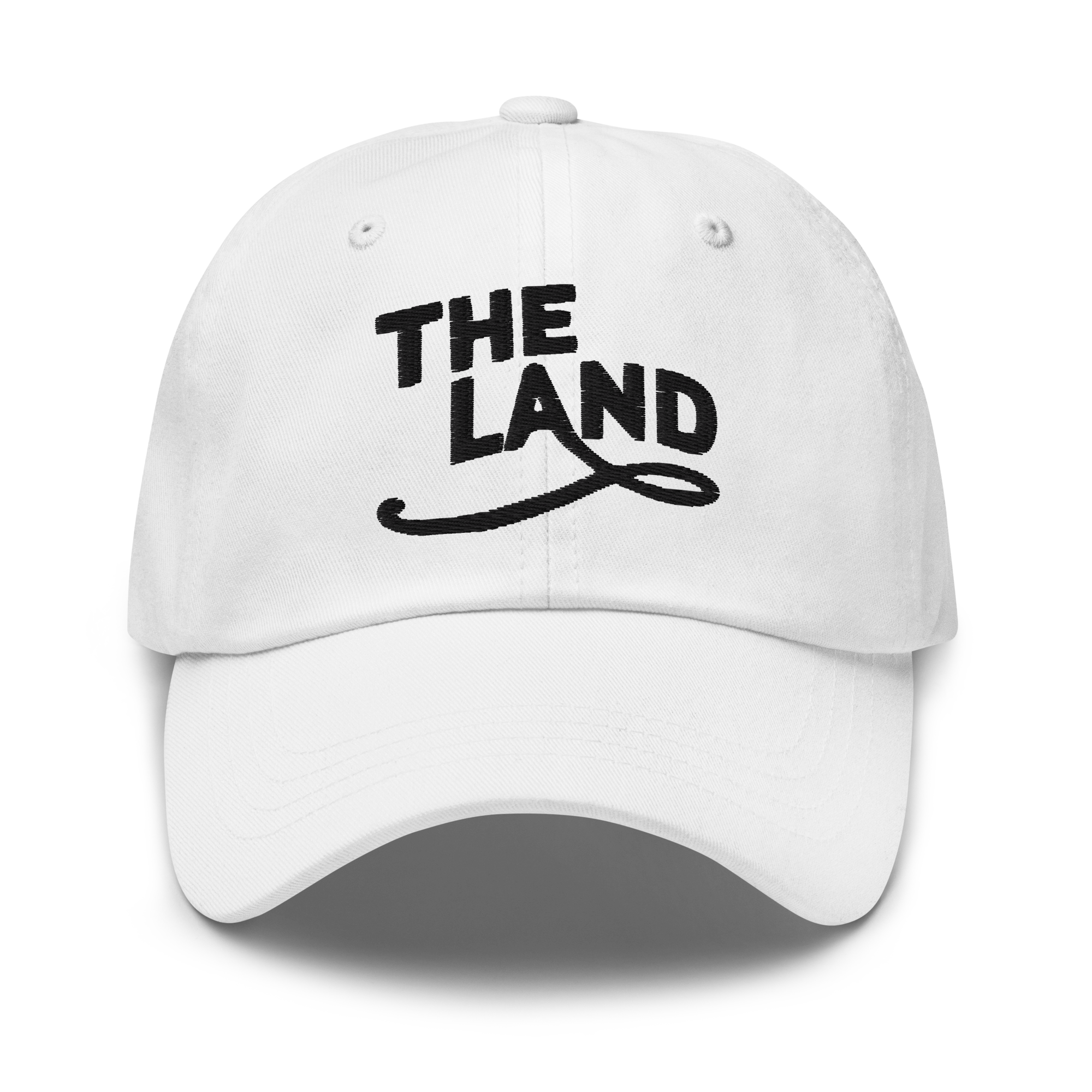 The Land Dad Cap in White with black embroidered The Land lettering, front view