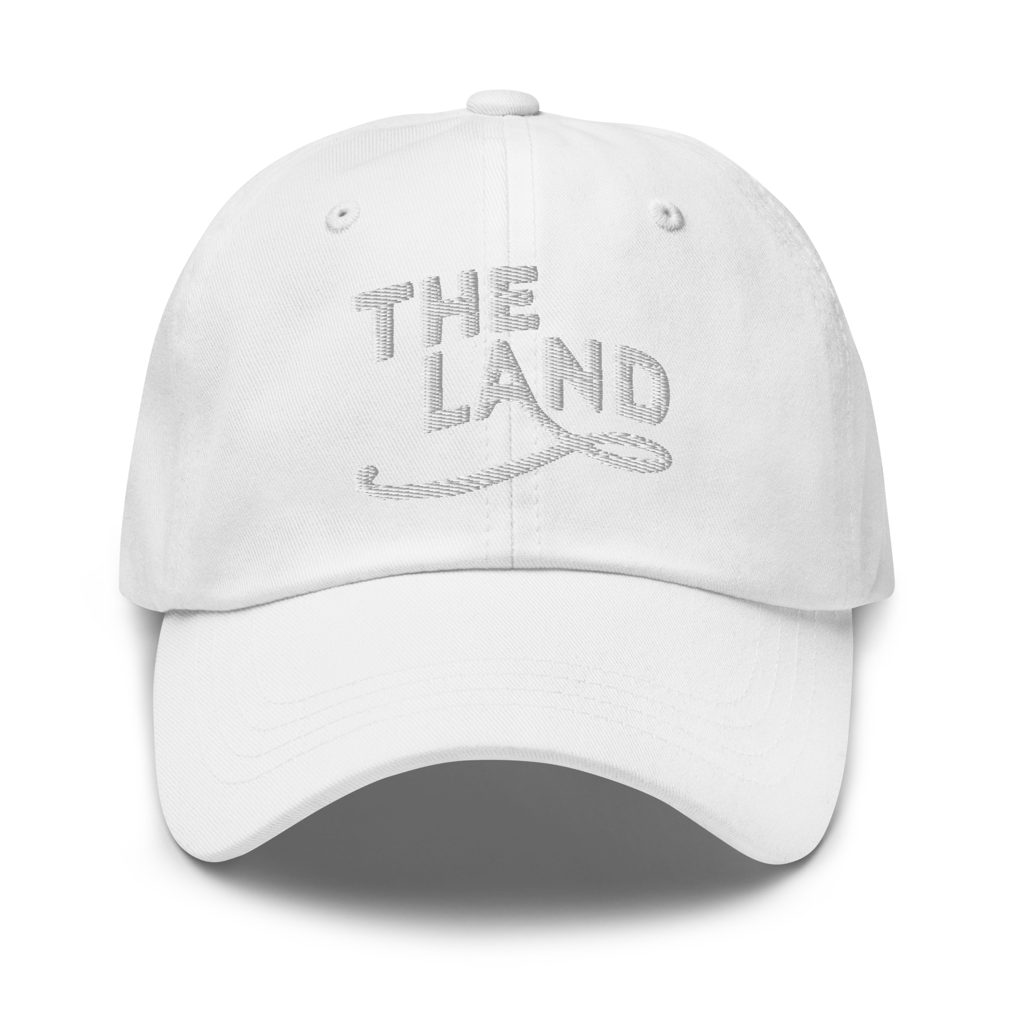 The Land Dad Cap in White with white embroidered The Land lettering, front view