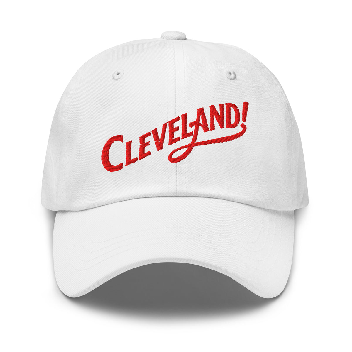 Cleveland! Dad Cap in White with red embroidered Cleveland! lettering, front view