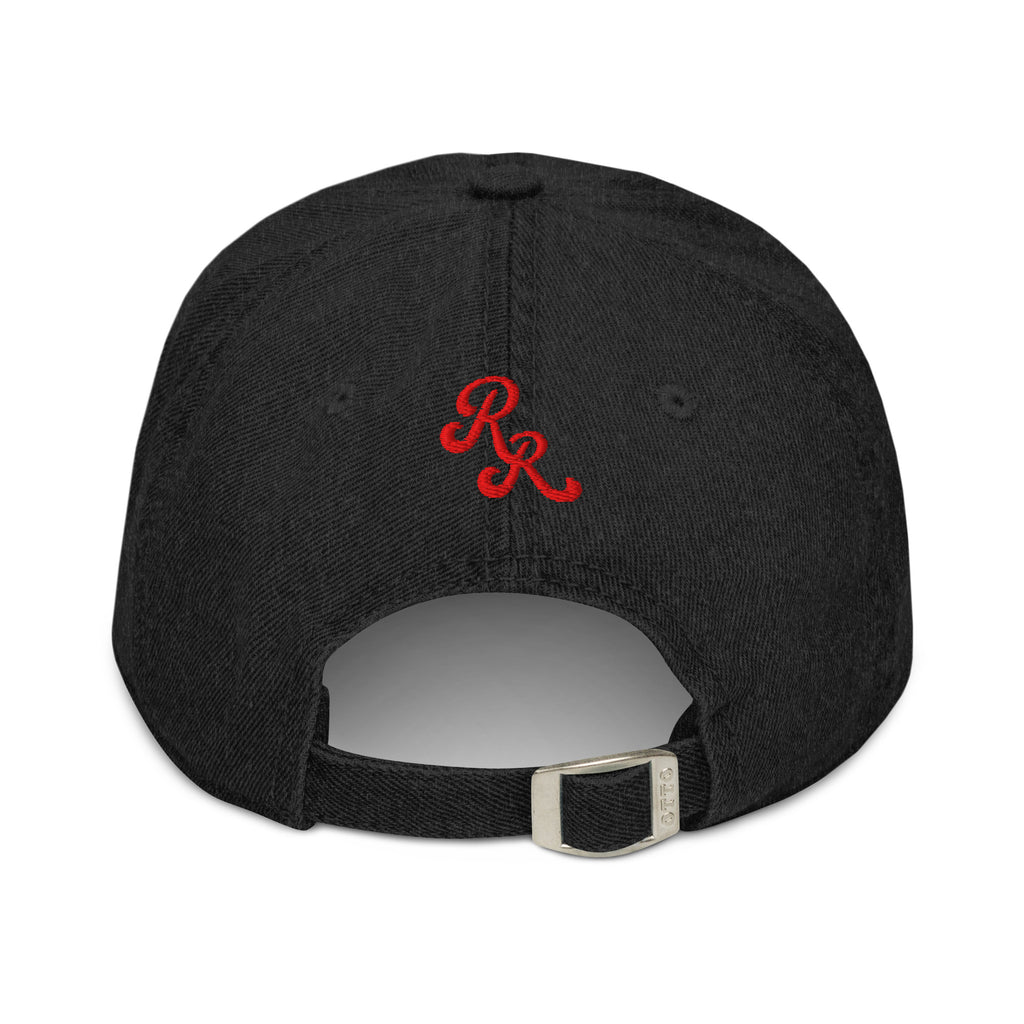 Black Back view of black 1908 Cleveland Baseball Club denim cap showing red embroidered initials and adjustable metal buckle strap.
