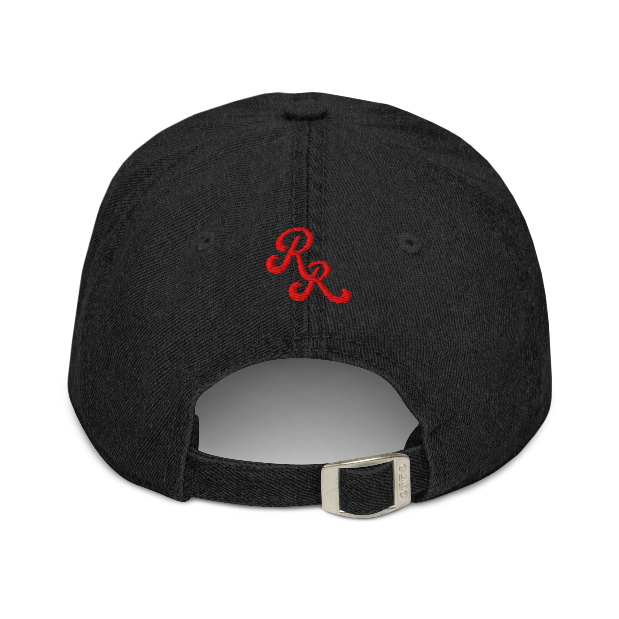 Black Back view of black 1908 Cleveland Baseball Club denim cap showing red embroidered initials and adjustable metal buckle strap.