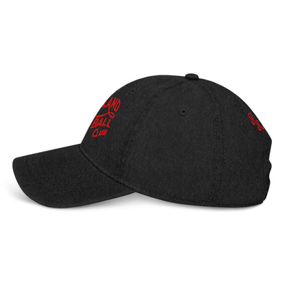 Profile view of black 1908 Cleveland Baseball Club denim cap showing side logo embroidery and structured cotton panels for a snug fit.