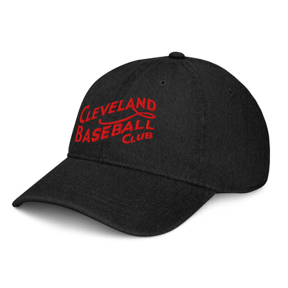 Side angle of black 1908 Cleveland Baseball Club denim cap with red embroidered logo, curved brim, and breathable cotton fabric.