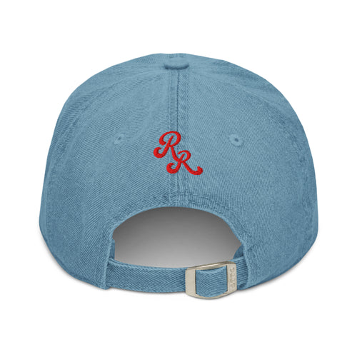 Blue Rear view of mid-wash blue 1908 Cleveland Baseball Club denim cap with red RR embroidery and adjustable strap for a secure fit.