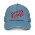 Blue 1908 Cleveland Baseball Club denim cap in mid-wash blue with red embroidered logo, 100% cotton and adjustable strap for vintage style.