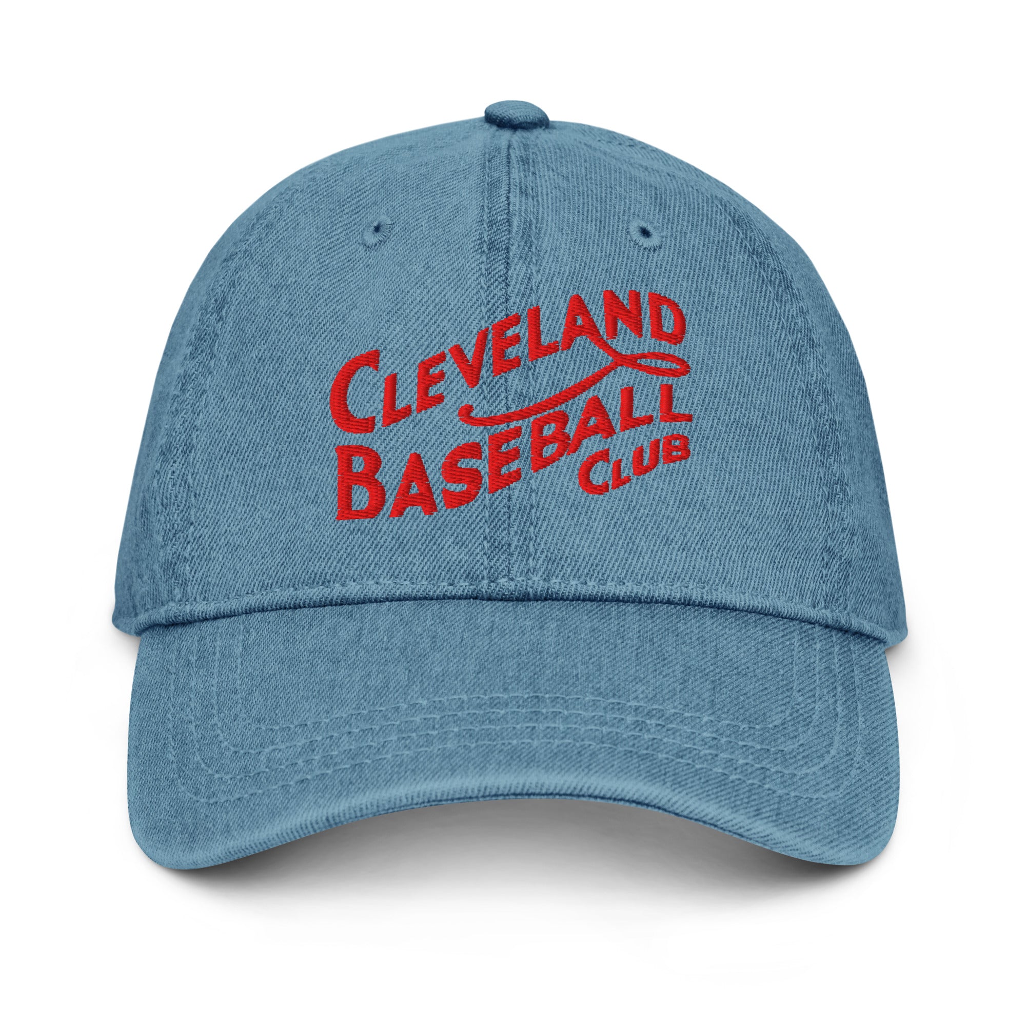 Blue 1908 Cleveland Baseball Club denim cap in mid-wash blue with red embroidered logo, 100% cotton and adjustable strap for vintage style.