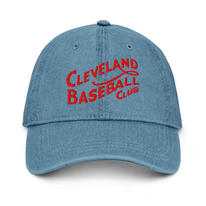 1908 Cleveland Baseball Club denim cap in mid-wash blue with red embroidered logo, 100% cotton and adjustable strap for vintage style.