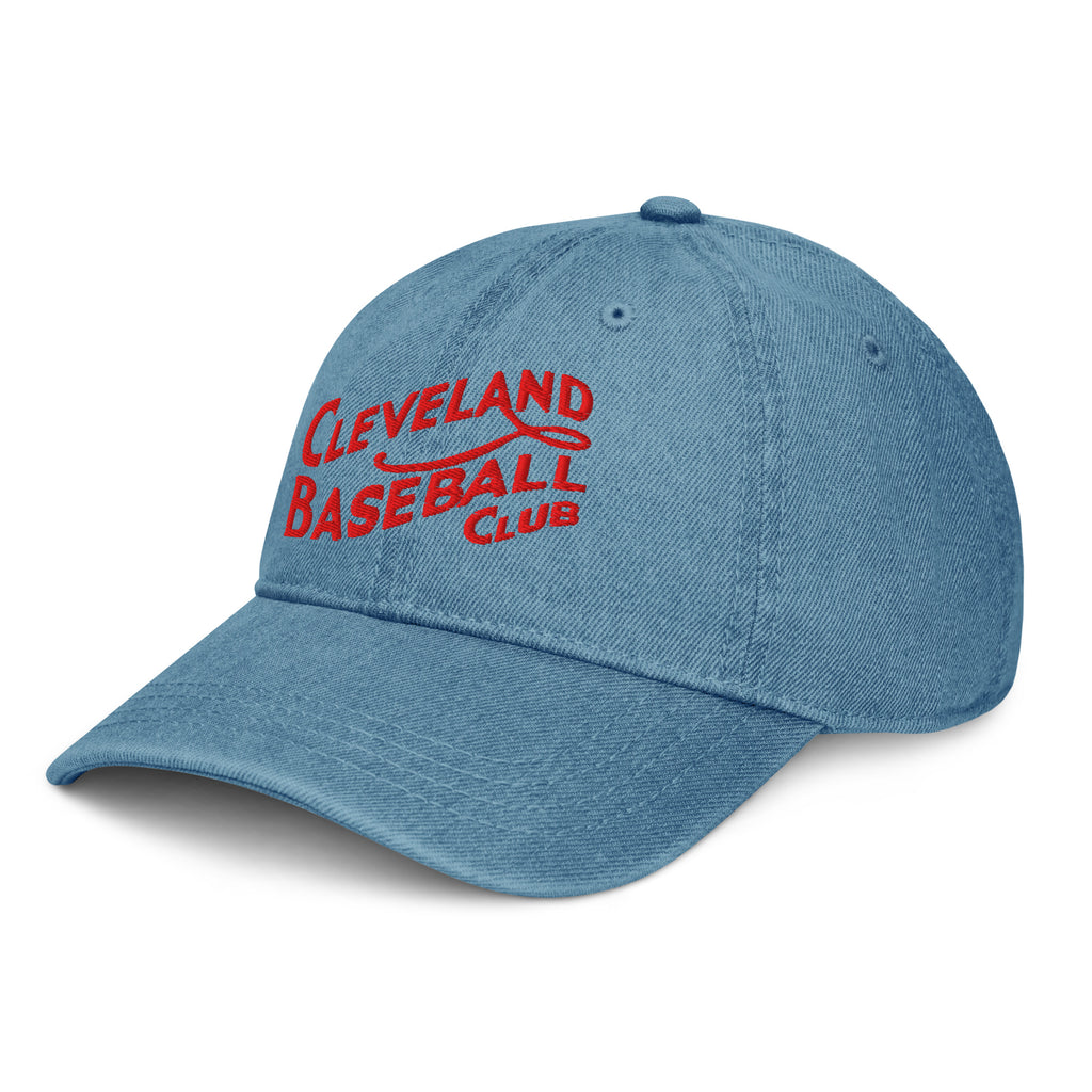 Blue Angled view of mid-wash blue 1908 Cleveland Baseball Club denim cap with red embroidery, vintage 6-panel design, and cotton build.