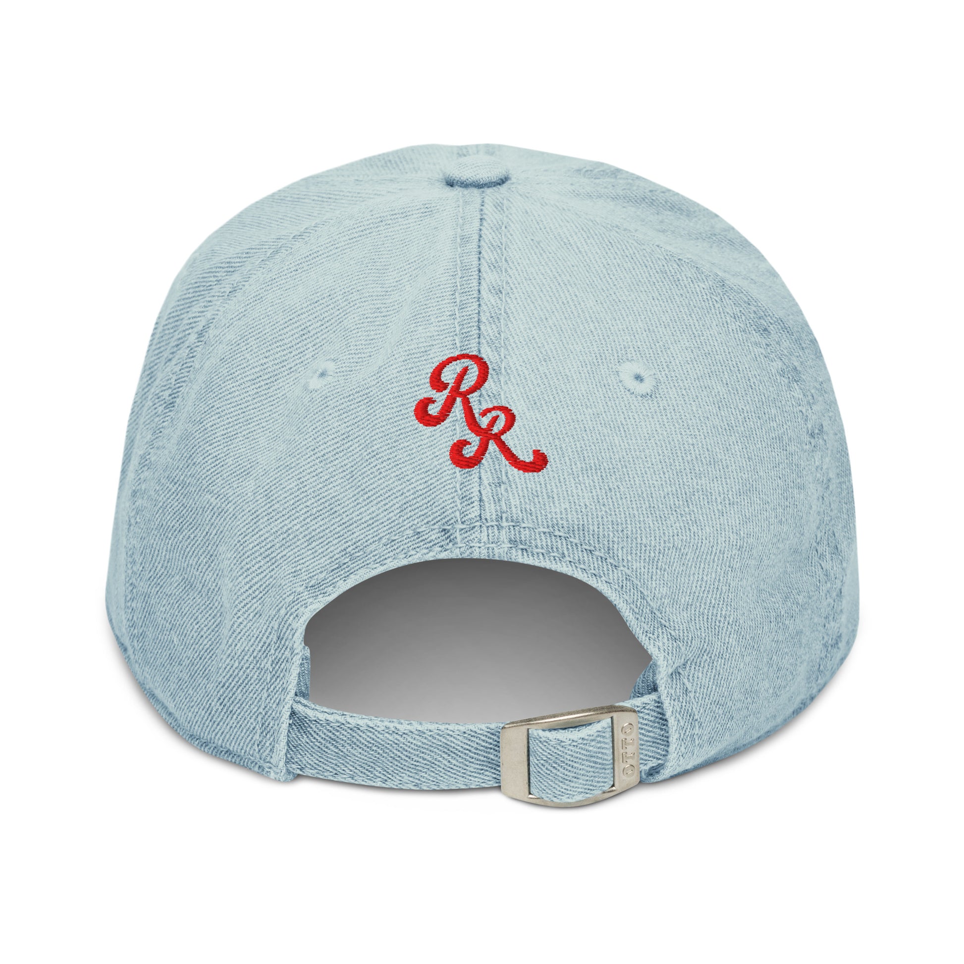 Back of light-wash 1908 Cleveland Baseball Club denim cap featuring red RR embroidery and adjustable metal strap for custom sizing.