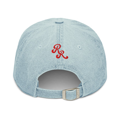 Back of light-wash 1908 Cleveland Baseball Club denim cap featuring red RR embroidery and adjustable metal strap for custom sizing.