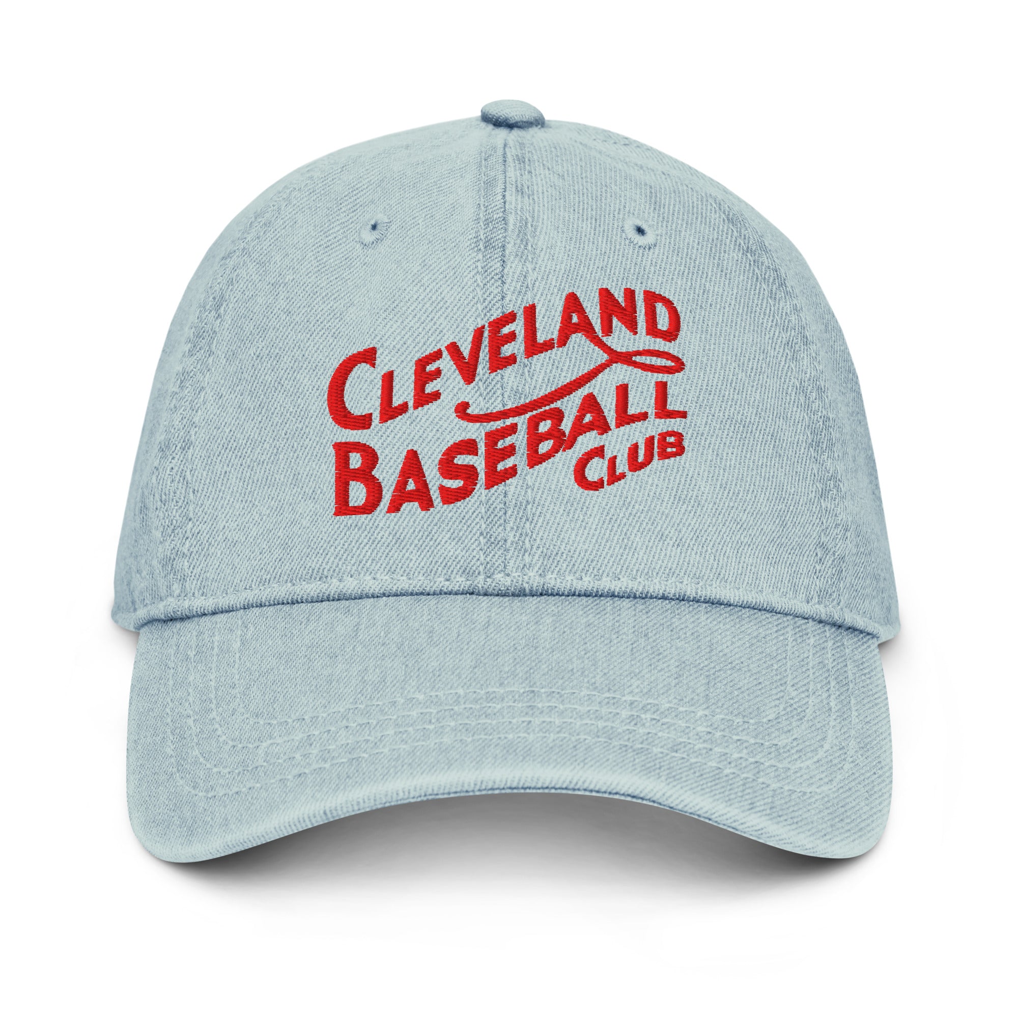 Light Wash 1908 Cleveland Baseball Club denim cap with red embroidered text, crafted from 100% cotton for breathable comfort and retro appeal.