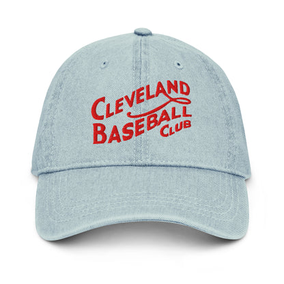 Light-wash 1908 Cleveland Baseball Club denim cap with red embroidered text, crafted from 100% cotton for breathable comfort and retro appeal.